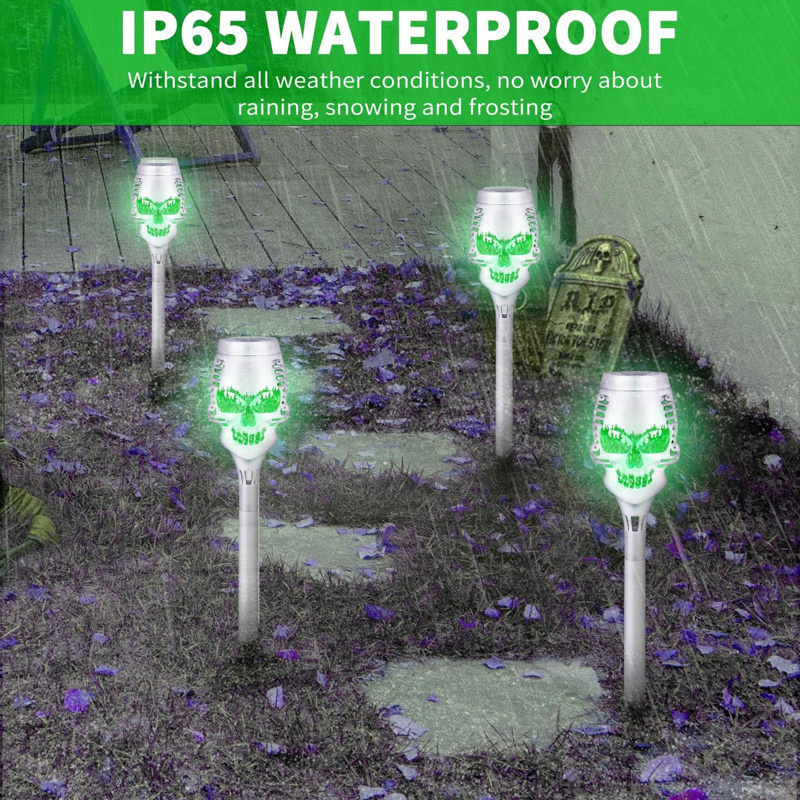 Tyenaza 4 Stück Solarleuchten Für Den Außenbereich, Solar-Fackel, Totenkopf, Hellgrün, Flackernde Flamme, IP65, Wasserdicht, Solar-Wegebeleuchtung, Für Den Außenbereich, Halloween-Dekorationen
