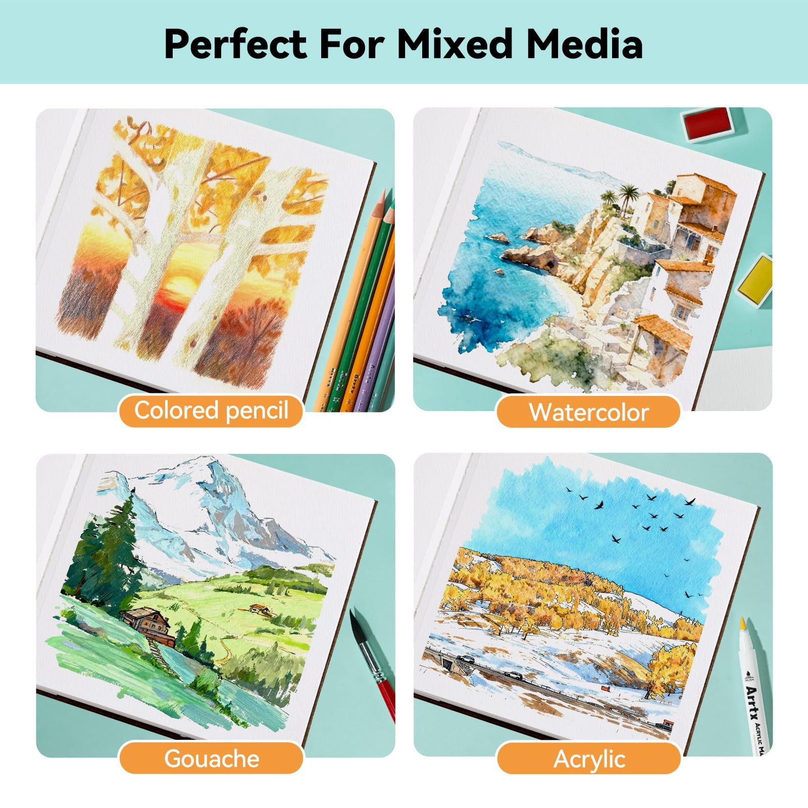 Arrtx Square Watercolor Paper Sketchbook, 7.09x7.09'', 140 LB, 300 GSM, 100% Cotton Paper, Cold Press, 24 Sheets, Hardcover Watercolor Journal for Use As Travel Notebook for Artists Adults Students image 8