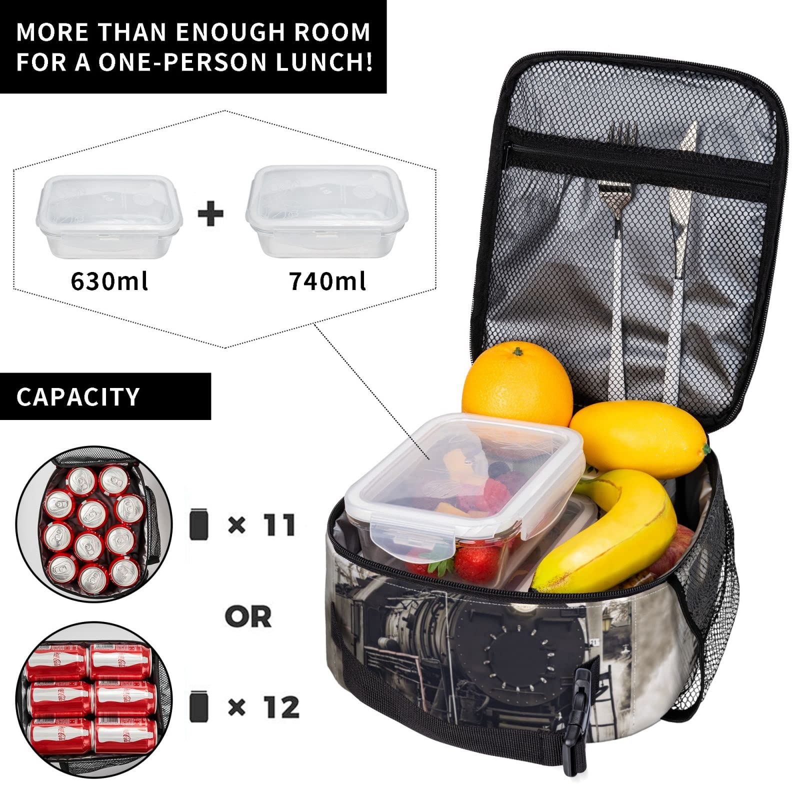 Vintage Train Insulated Lunch Bag - Reusable Thermal Cooler Bag With Shoulder Strap For School, Work, Travel - View #2