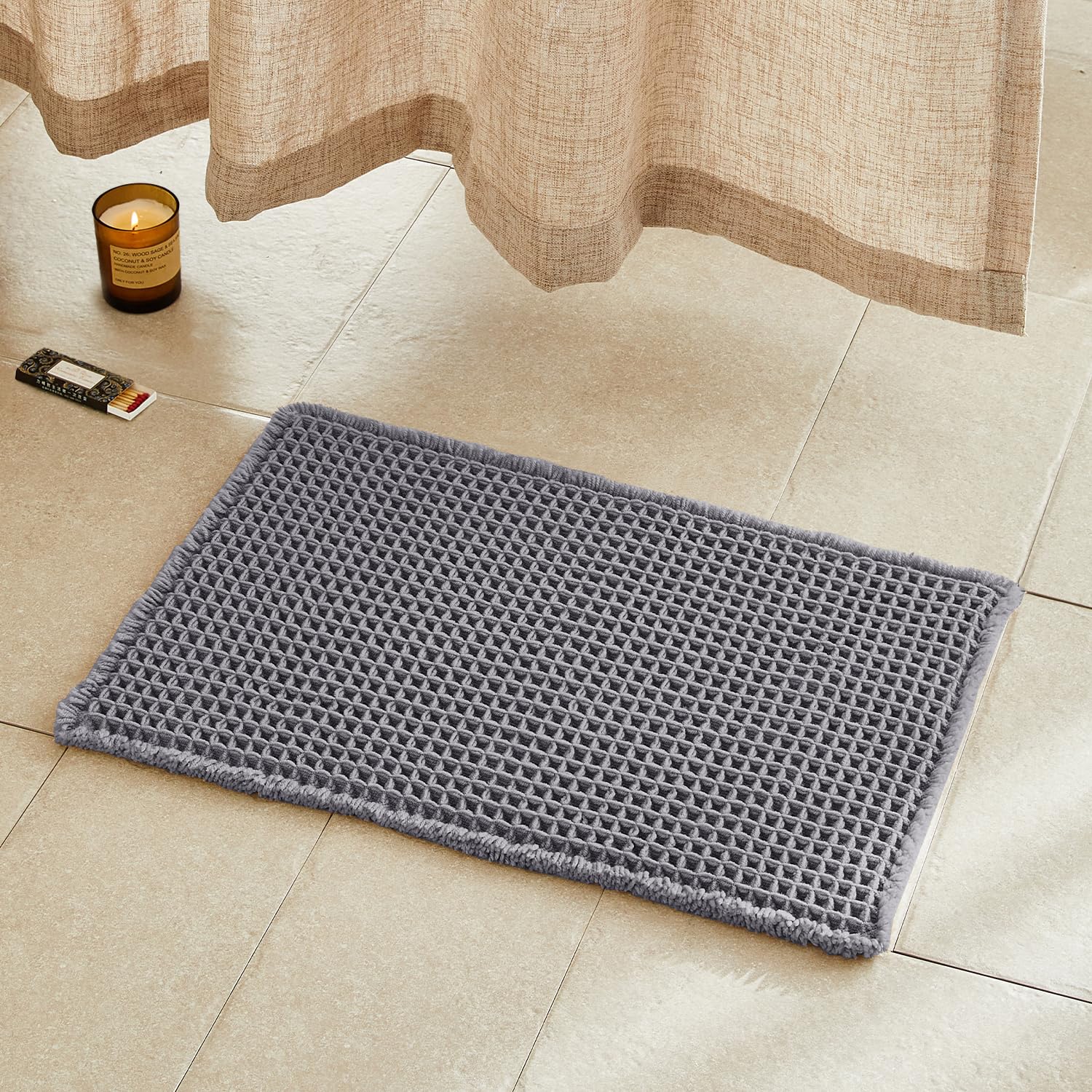 TYUU Waffle Bath Mat, Boho Bathroom Rugs Non Slip Washable Super Absorbent Quick Dry Bath Mat Farmhouse Bathroom Decor, 24"x16" Grey
