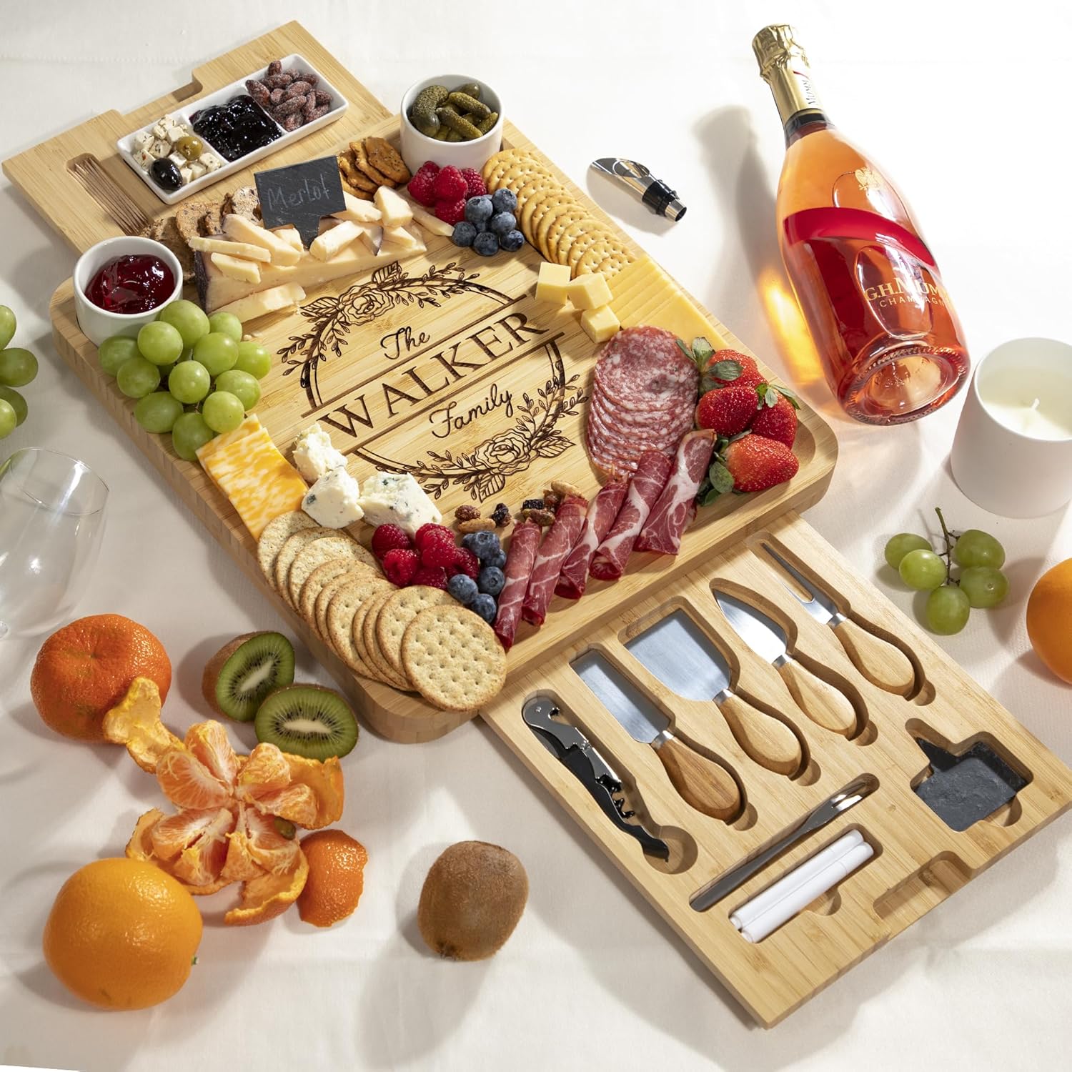 Charcuterie Board Set – Personalized Bamboo Cheese Board Gift Set with Knife Drawer, Bowls & Cheese Knives – Custom Engraved Wedding, Housewarming, for Couples