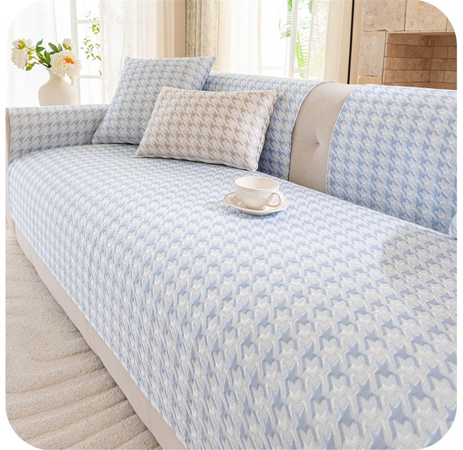 AWSQ23 Ice Silk Non-Slip Quilted Sofa Mat(Blue,90 * 70cm)