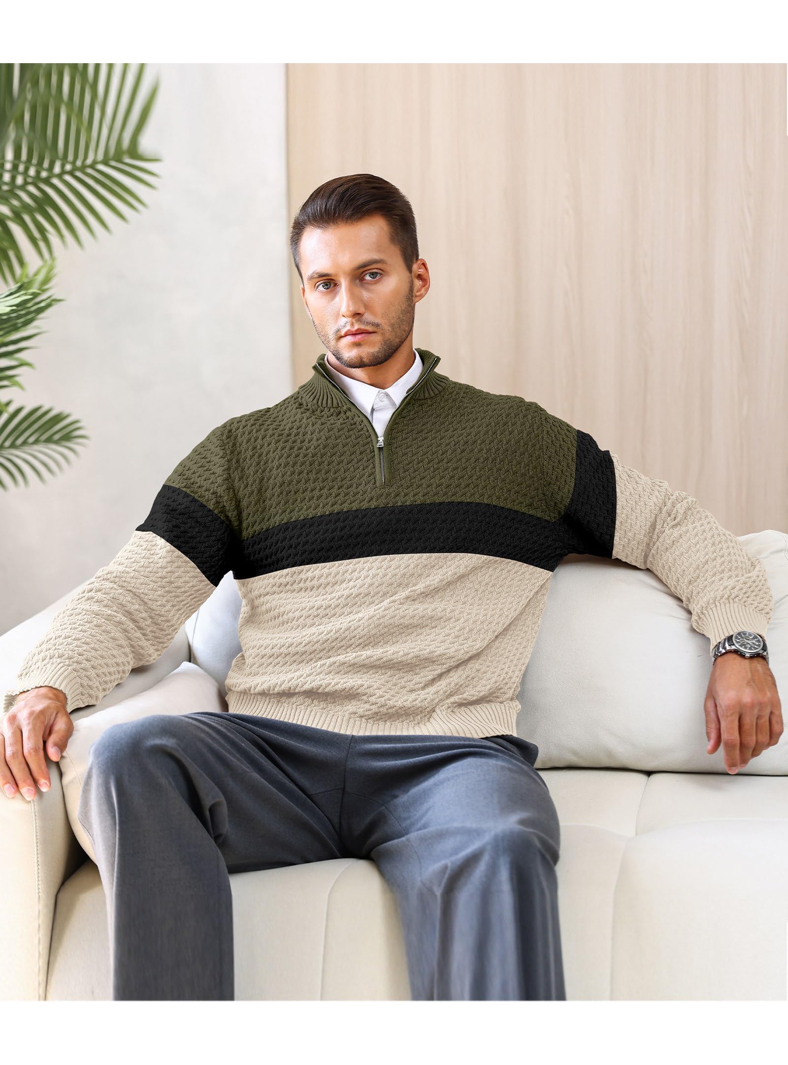 Zaitun Jersey de punto con cremallera de un cuarto para hombre, cuello alto, manga larga, casual, cálido, cómodo, ajustado, suéter de invierno para hombre