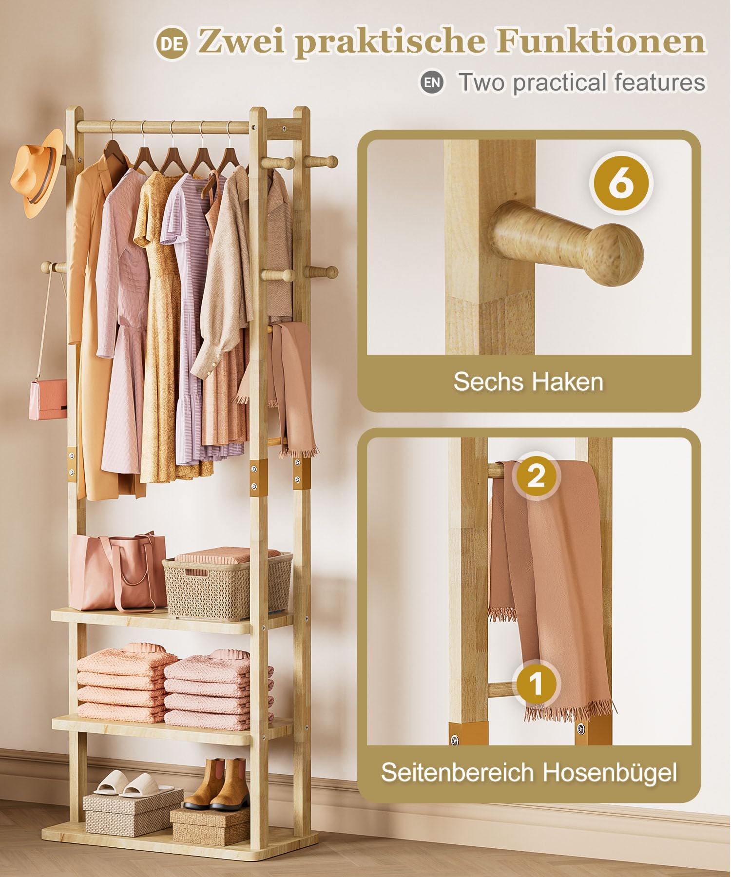 Yorbay Perchero multifuncional de madera independiente: perchero de pie sólido con estantes, perchero para ropa, sombrero, para salón, dormitorio, oficina | Perchero de pie de madera maciza con estantes, ganchos y perchero para ropa y sombreros en el saló