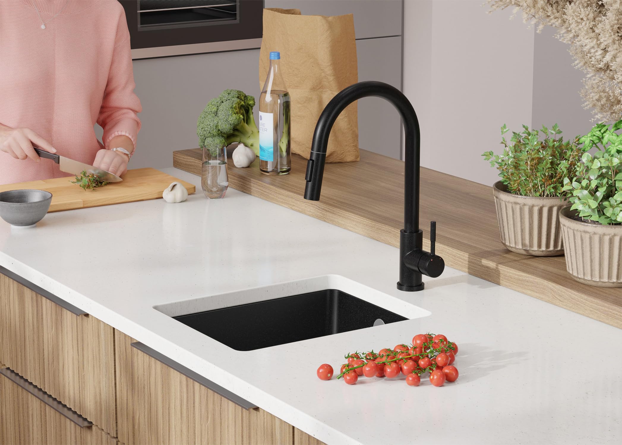 PRIMAGRAN Fregadero bajo Encimera Negro - Venecia Easy, 36x44cm | Cocina 1 Seno + Sifón, Granito al Mueble 40cm (S001)