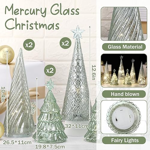 Miniatura 3 de Juego de 6 figuras iluminadas de árbol de Navidad de vidrio de mercurio con luces LED, funciona con pilas, centros de mesa de Navidad iluminados