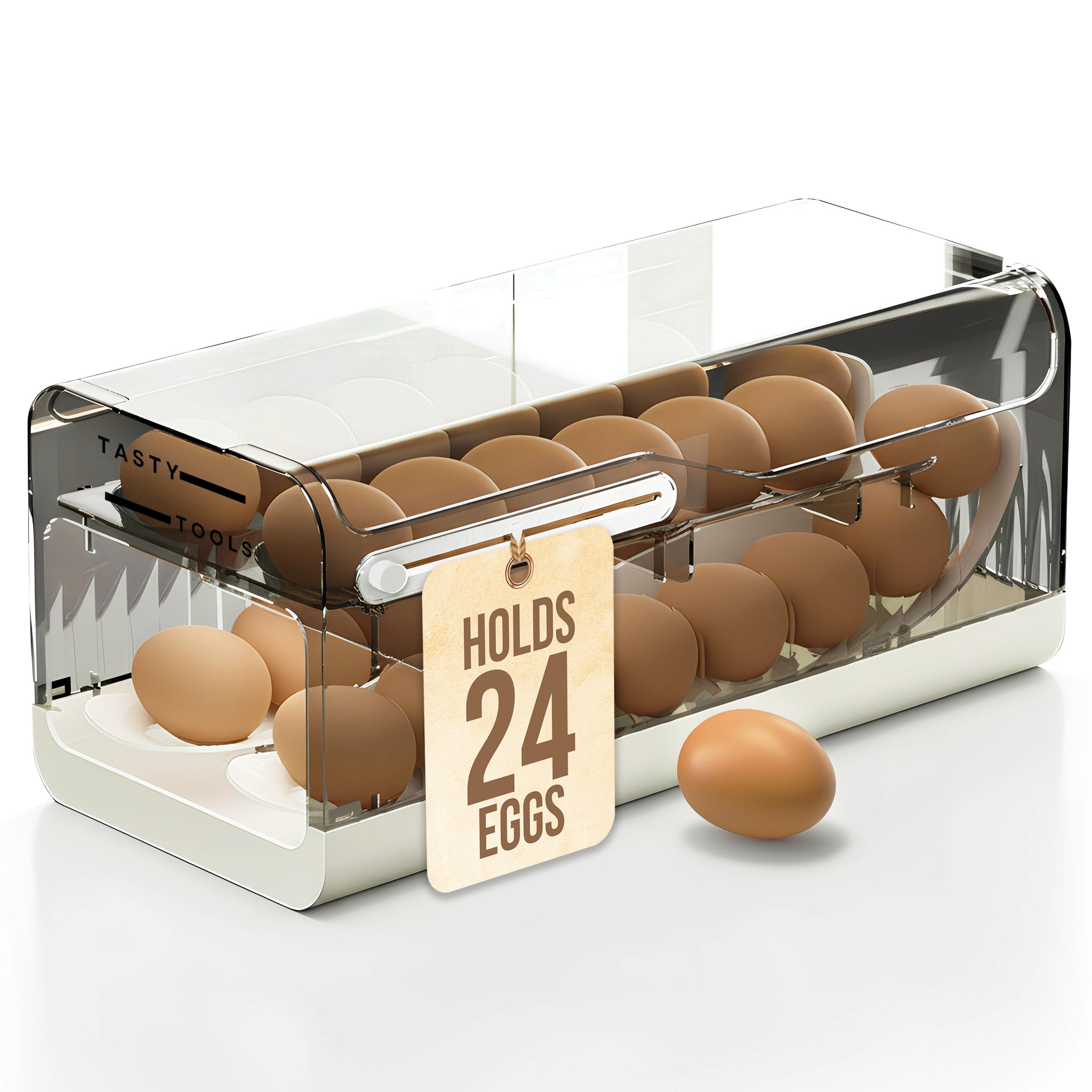 Tasty Tools Transparent 24 Egg Rolling Dispenser, Clear Plastic Egg Holder For Fridge, Egg Organiser With Lid, Egg Holder For Kitchen Storage