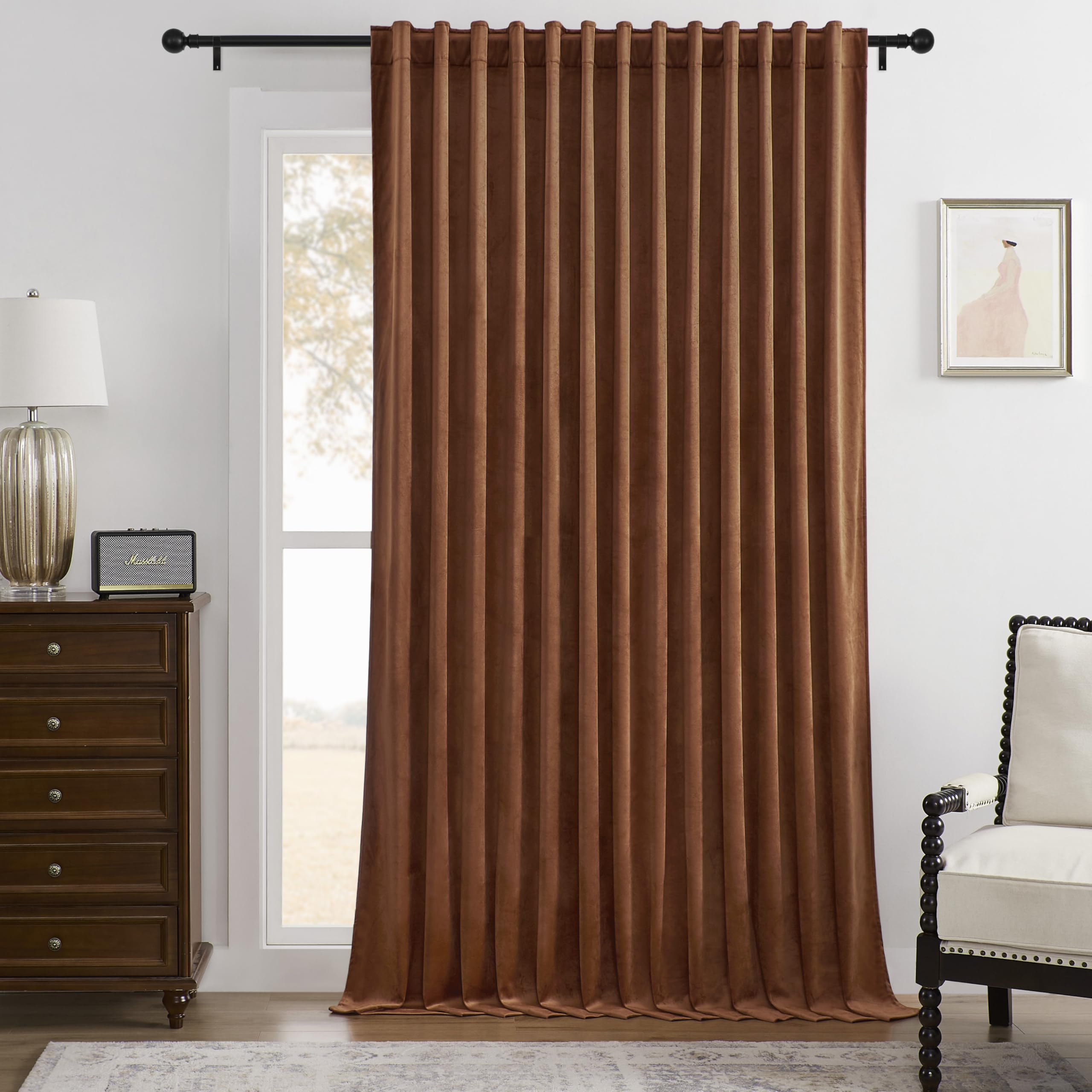 Timeper Burnt Orange Velvet Curtain W104 x L84 inches 1 Panel,Thermal Insulated Light Blocking Window Drapery for Living Room Sliding Door, Extra Wide Room Divider Curtain,Back Tab & Rod Pocket