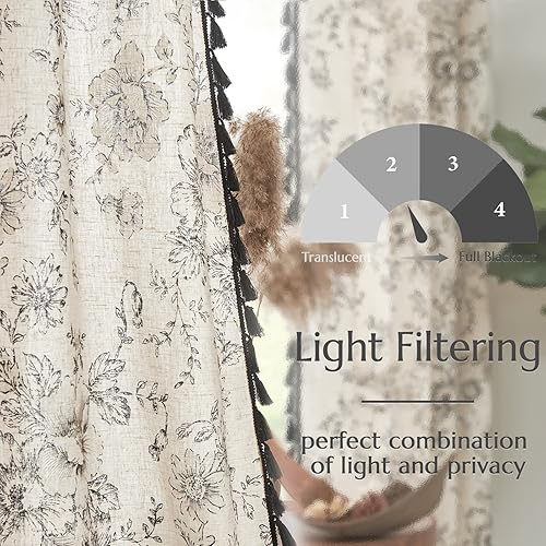 Miniatura 4 de JINCHAN 2 paneles de cortinas de mezcla de lino, con estampado floral, para la sala, 63 pulgadas largo, con pasabarras, estilo casa de campo y