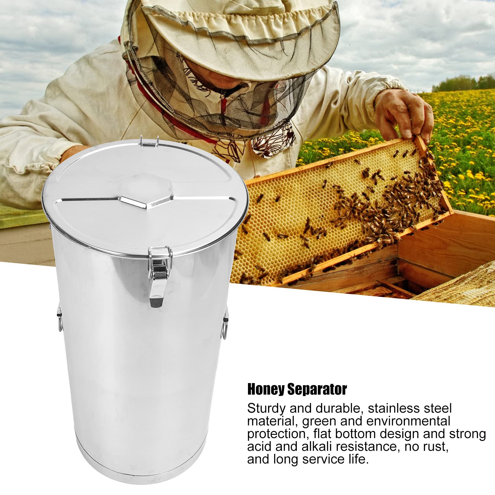 Ręczny separator miodu Maszyna do ekstrakcji miodu ze stali nierdzewnej z pokrywką Korba ręczna Uchwyt Sprzęt pszczelarski dla amatorów Mali pszczelarze