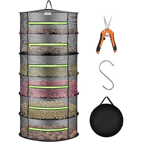 VIVOSUN 6-Layer Mesh Drying Rack Hanging Design with Green Zippers for Dehydrating, Indoor and Outdoor Pruning Shears Included