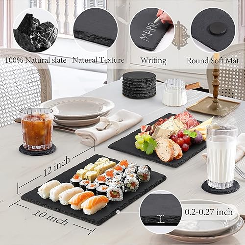 Miniatura 2 de Paquete de 4 tablas de queso de pizarra de 12 x 10 pulgadas, platos de piedra negra, charcutería, bandeja de servir gourmet para queso, pizarra con