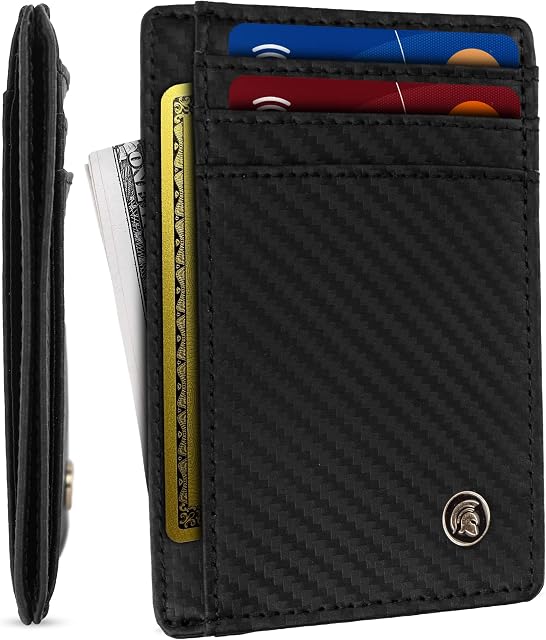 POWR Mens Wallet, Slim Genuine Leather RFID Blocking Minimalist Credit Card Holder (Carbon Fibre), Holds up to 7 Cards and Bank Notes, Ideal for Travel