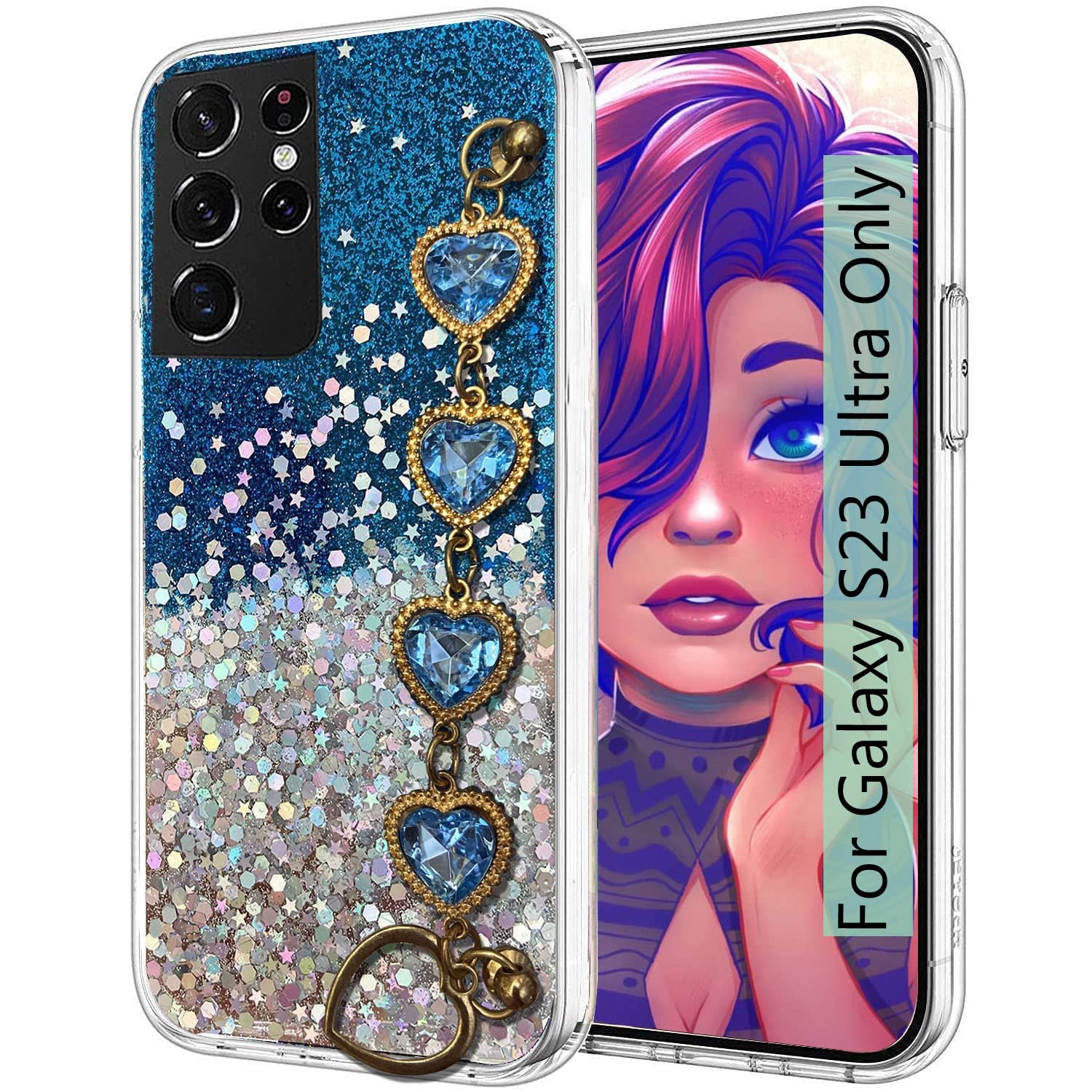 KC Back Cover for Samsung Galaxy S23 Ultra 5G, Epoxy Dry Non Moving Luxury Diamond Bracelet Holder TPU Sparkle Stars Silicone Girls Women Camera Protection Case (Blue) (B0BWJTGT4F) Amazon Price History, Amazon Price Tracker
