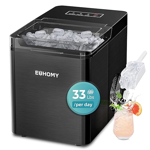 Euhomy 33lbs/24H Ice Maker Machine Countertop | Full Open top Cover Design | 9 Bullet Ice Cubes Ready in 7 Mins, Portable Ice Maker with Basket and Scoop for Home/Kitchen/Camping/RV. (Black)