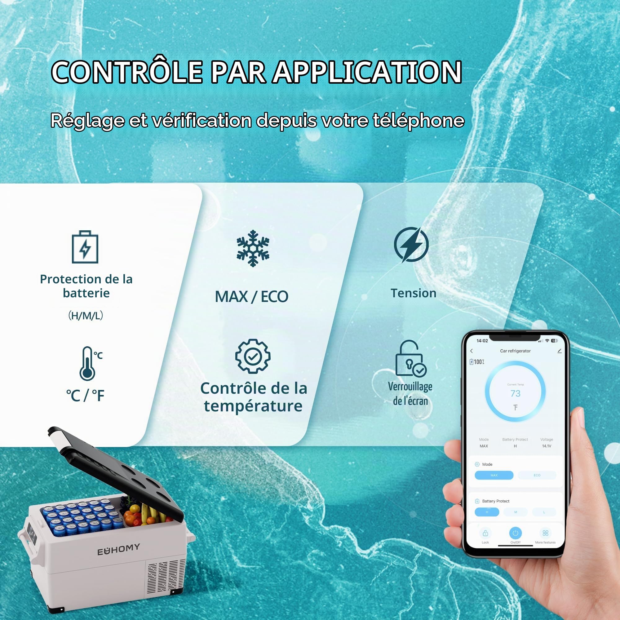 EUHOMY Glaciere Electrique 40L, Frigo 12v Glacière à Compression Avec App, Glacière Électrique 12v 220v -20°C à 20°C, Mini Frigo Portable, Frigo Camping Pour Voiture, Camping, Voyages Et Camions