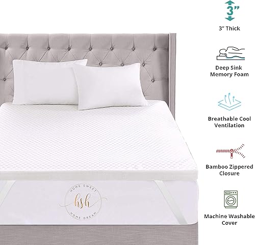 Miniatura 6 de Home Sweet Home - Cubrecolchón de espuma viscoelástica de 3 pulgadas con revestimiento acolchado de bambú hipoalergénico extraíble para un fácil