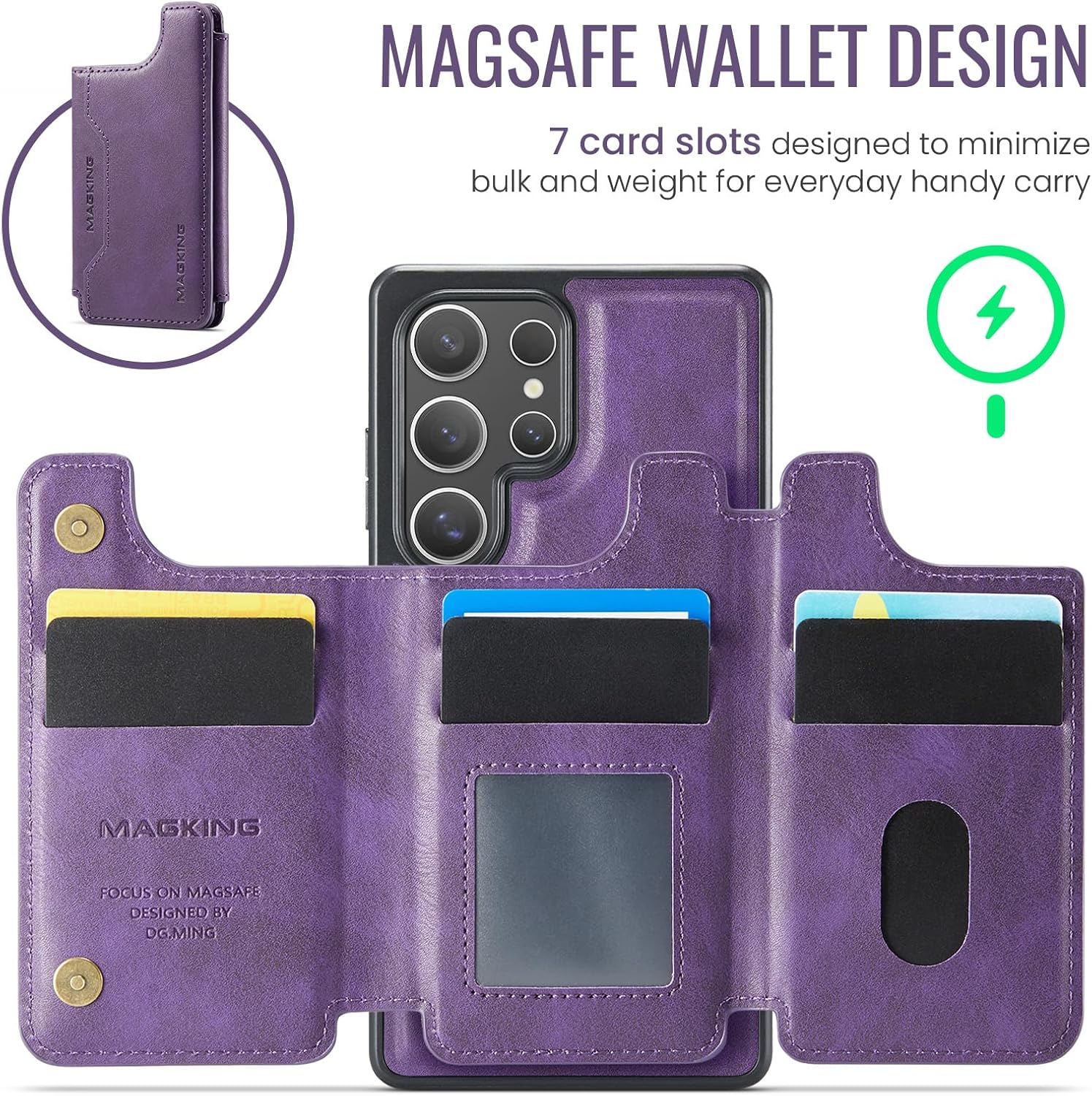 2 in 1 Detachable Wallet & Phone Case for iPhone 17 Pro, Supports Wireless Charging Magnetic Button case Cover Purple