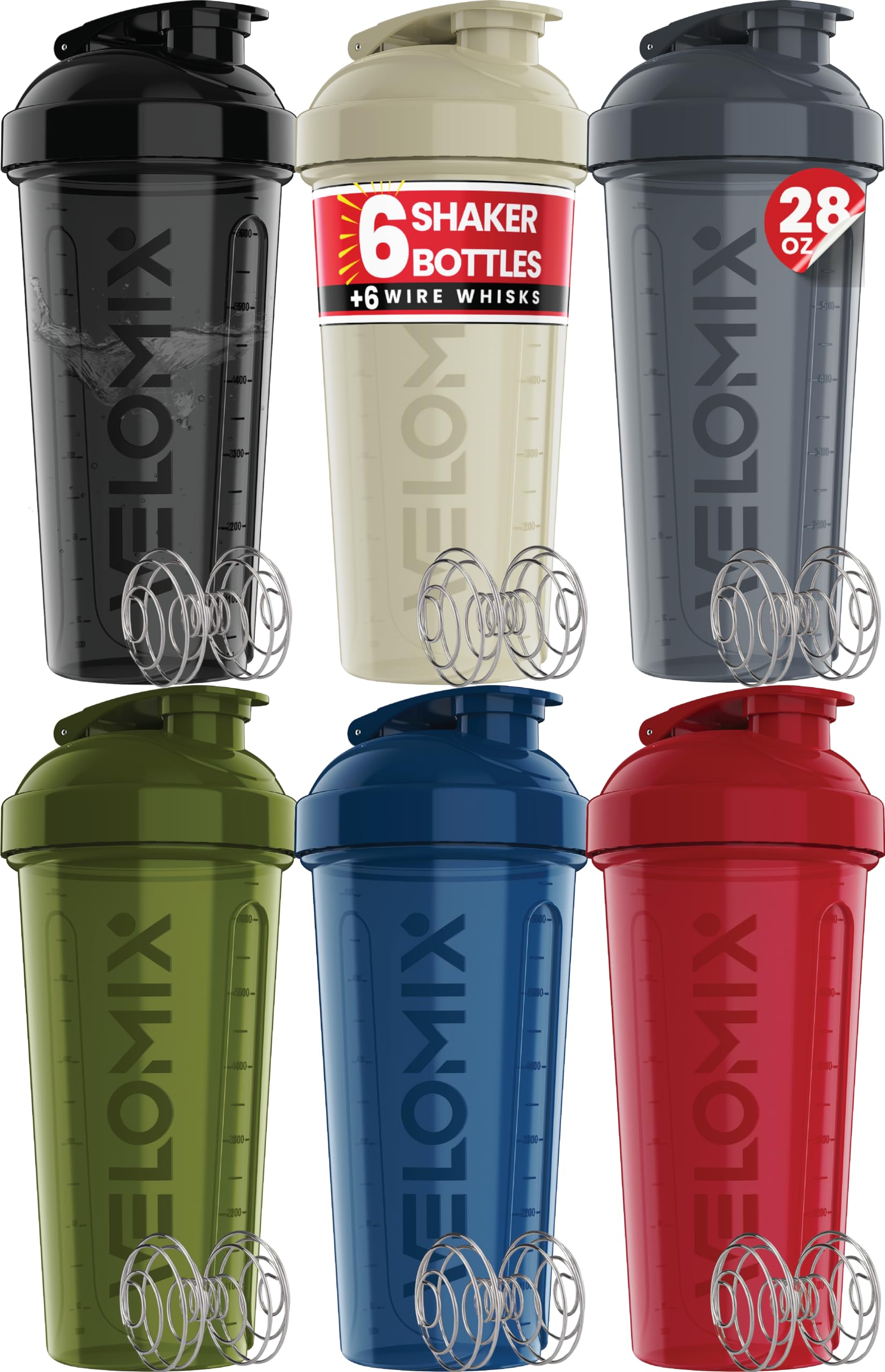 VELOMIX Vasos mezcladores 6 en 1 ASIN11 para mezclas de proteínas, paquete de 6, vasos mezcladores para batidos de proteínas, 28 onzas, 6 batidores de alambre, botella mezcladora de proteínas a prueba