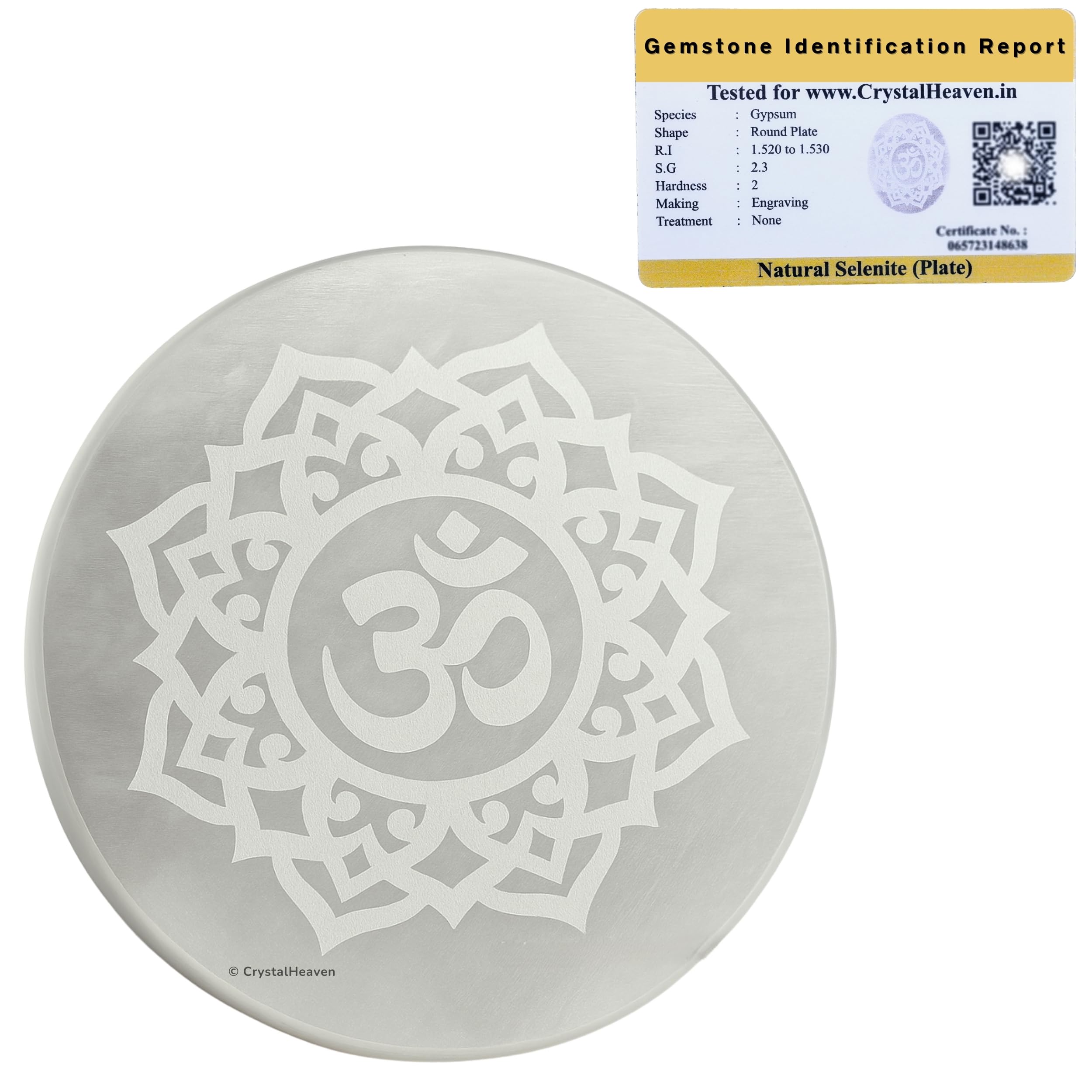 Certified Selenite Crystal Charging Plate, 3 Inch Engraved Om Flower of Life Selenite Plate for Crystal Cleansing Re-Energy Work, Meditation and Pooja (3 Inch, Om Flower of Life)
