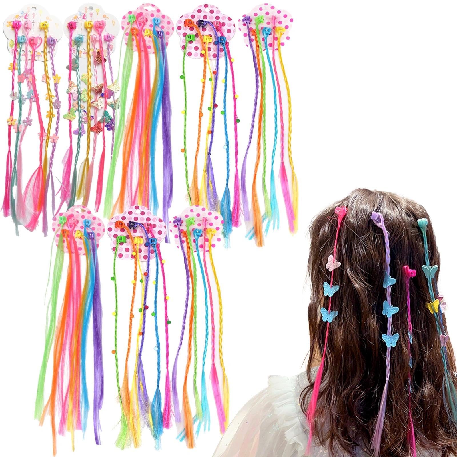 48PCS Colourful Clip-in Hair Extensions for Girls, Rainbow Hair Braiding Kit with Styling Clips & Accessories