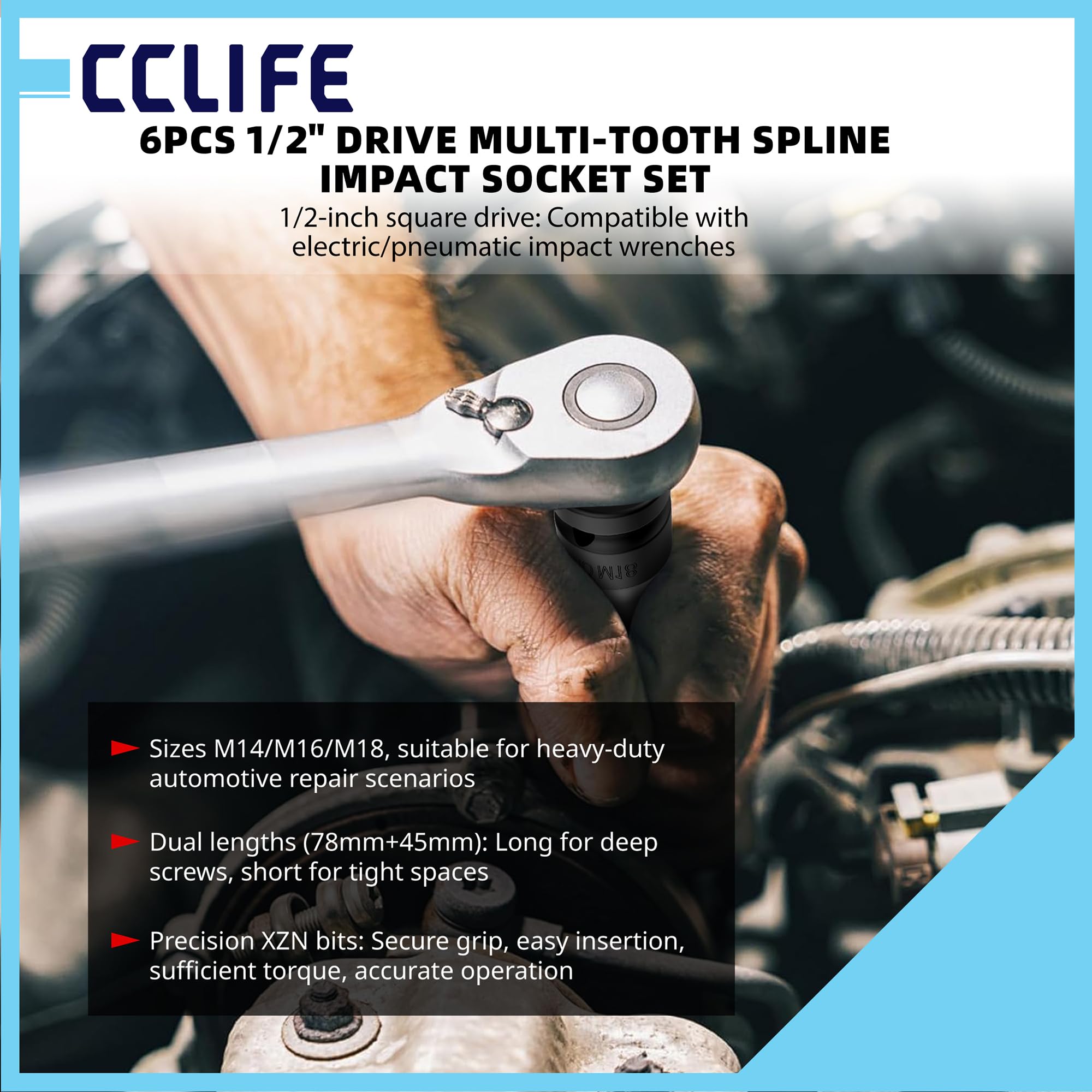 CCLIFE Spline Impact 6-częściowy zestaw kluczy nasadowych 1 2", klucz nasadowy M14, M16, M18, wielozębowe, końcówki do bitów CR MO, krótkie, długie