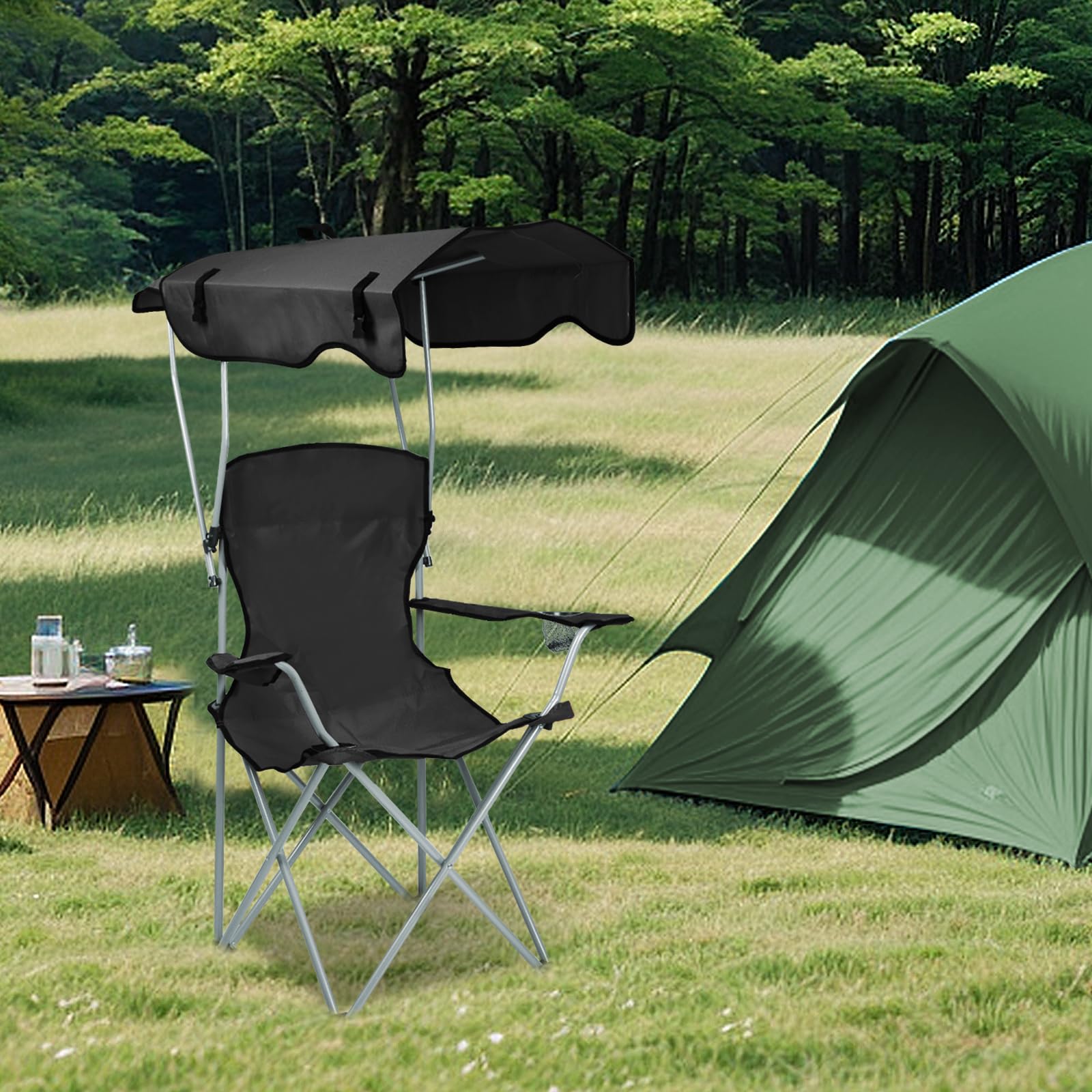 Chaise Pliante Camping Fauteuil Pliable Chaise de Plage Ultra léger avec Porte Gobelet et Sacs de Transport, Parasol, Idéal Voyages, Pêche, Festival, Camping, Plage (Noir)