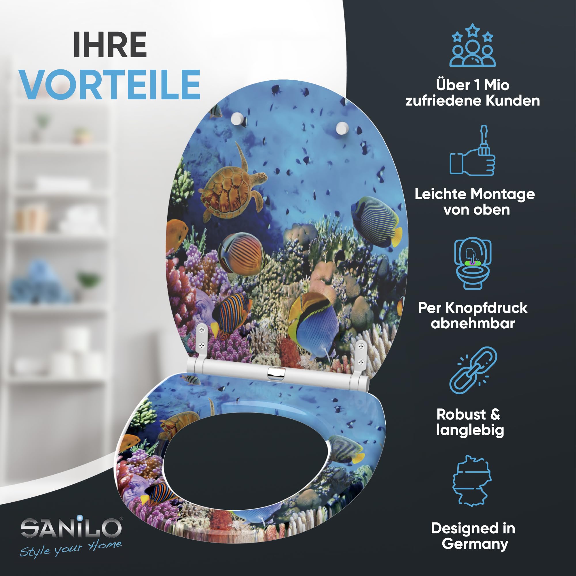 Sanilo WC Sitz mit Absenkautomatik & Schnellverschluss, Toilettendeckel per Knopfdruck abnehmbar, einfache Montage von oben (Ocean)