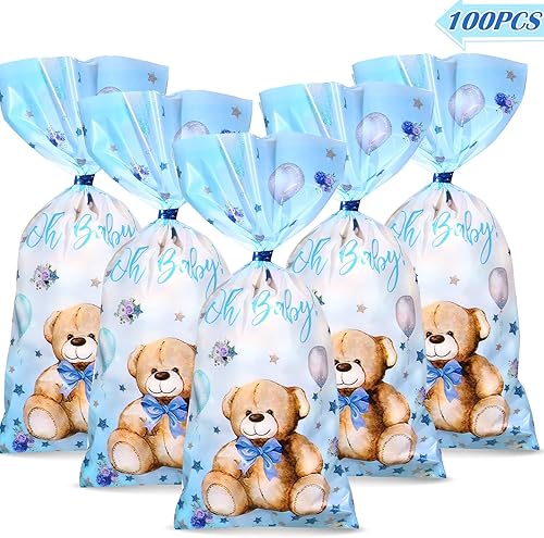 Miniatura 3 de Paquete de 100 bolsas de regalo de oso para baby shower oso de peluche azul celofán bolsas de plástico para regalo con 100 lazos metálicos