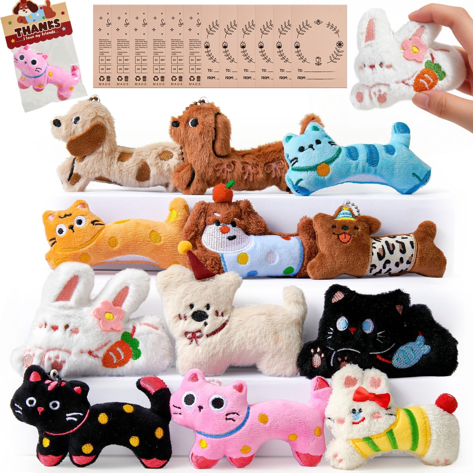 12 Pcs Plush Keychain, Small Stuffed Keychains for Backpack Pendant, Cute Plush Toys Bulk for Birthday Party Favors, Classroom Prizes & Gift Bags Fillers (Animal)