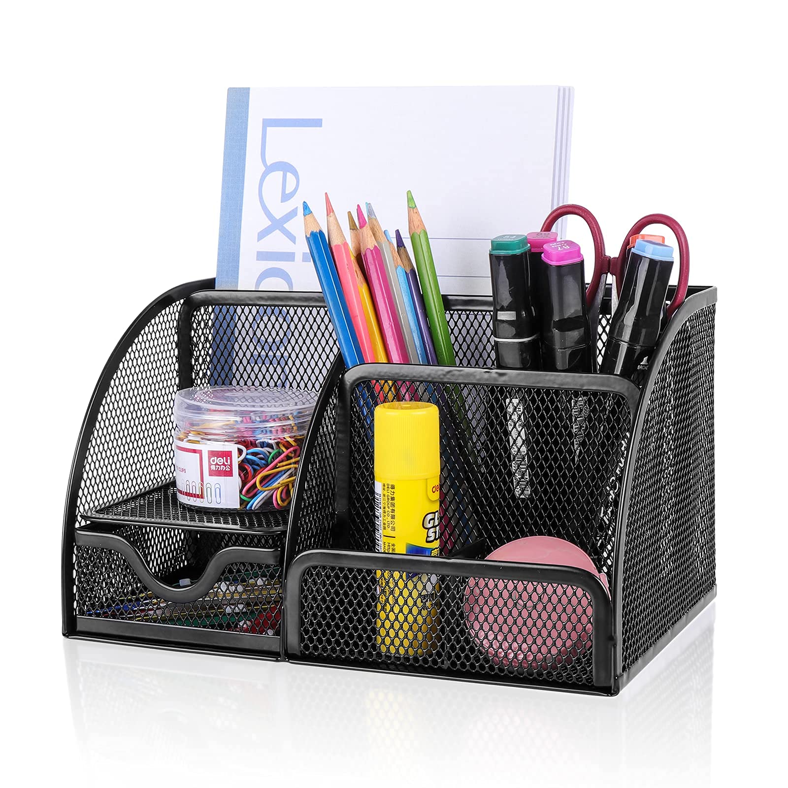 Tiokkss Desk Organizer Office Accessories, Multi-Functional Mesh Desk Organizer Pen Holder Organizers Set with 6 Compartments and 1 Drawer for Home, Office, School, Workshop, Kitchen (Black)