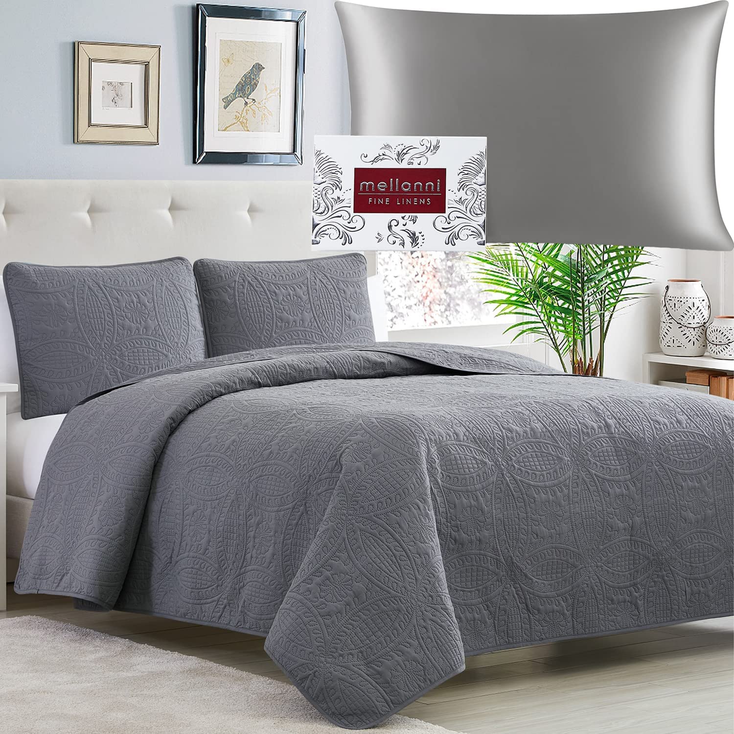 Mellanni Bedspread Coverlet Set + Silk Pillowcase Bundle&Save - Bundle Includes: 3 Piece Quilt Set and 1 Mulberry Silk Pillowcase (King, Gray & Light Gray)