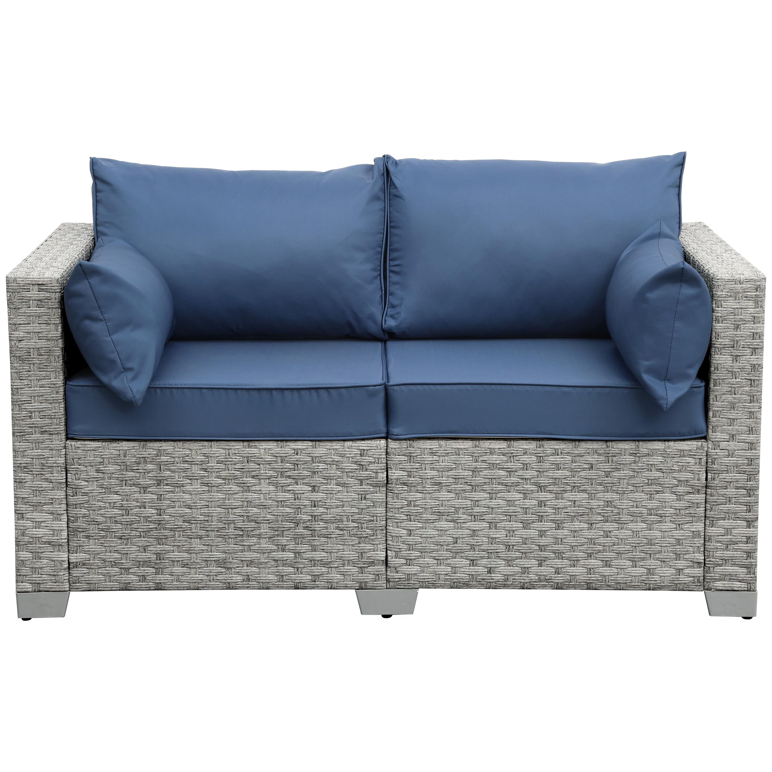 WAROOM Patio Loveseat Outdoor Wicker Small Couch PE Rattan 2-Seater Furniture Sofa, Deep Patio Seating with Blue Cushion