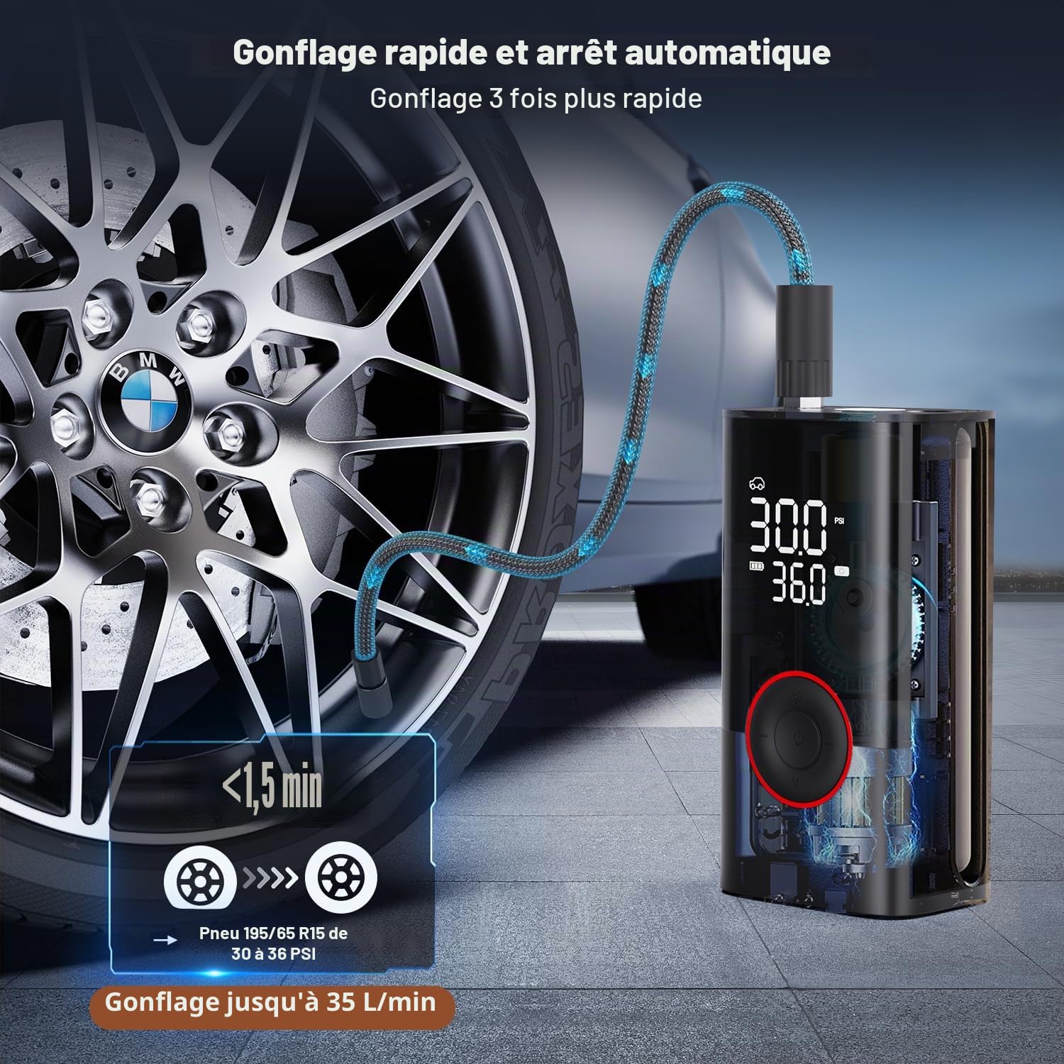 Gonfleur de Pneu Portable avec compresseur – Mini Pompe à air sans Fil avec manomètre numérique, 150 psi, gonflage 3 Fois Plus Rapide et Fonction d'arrêt Automatique