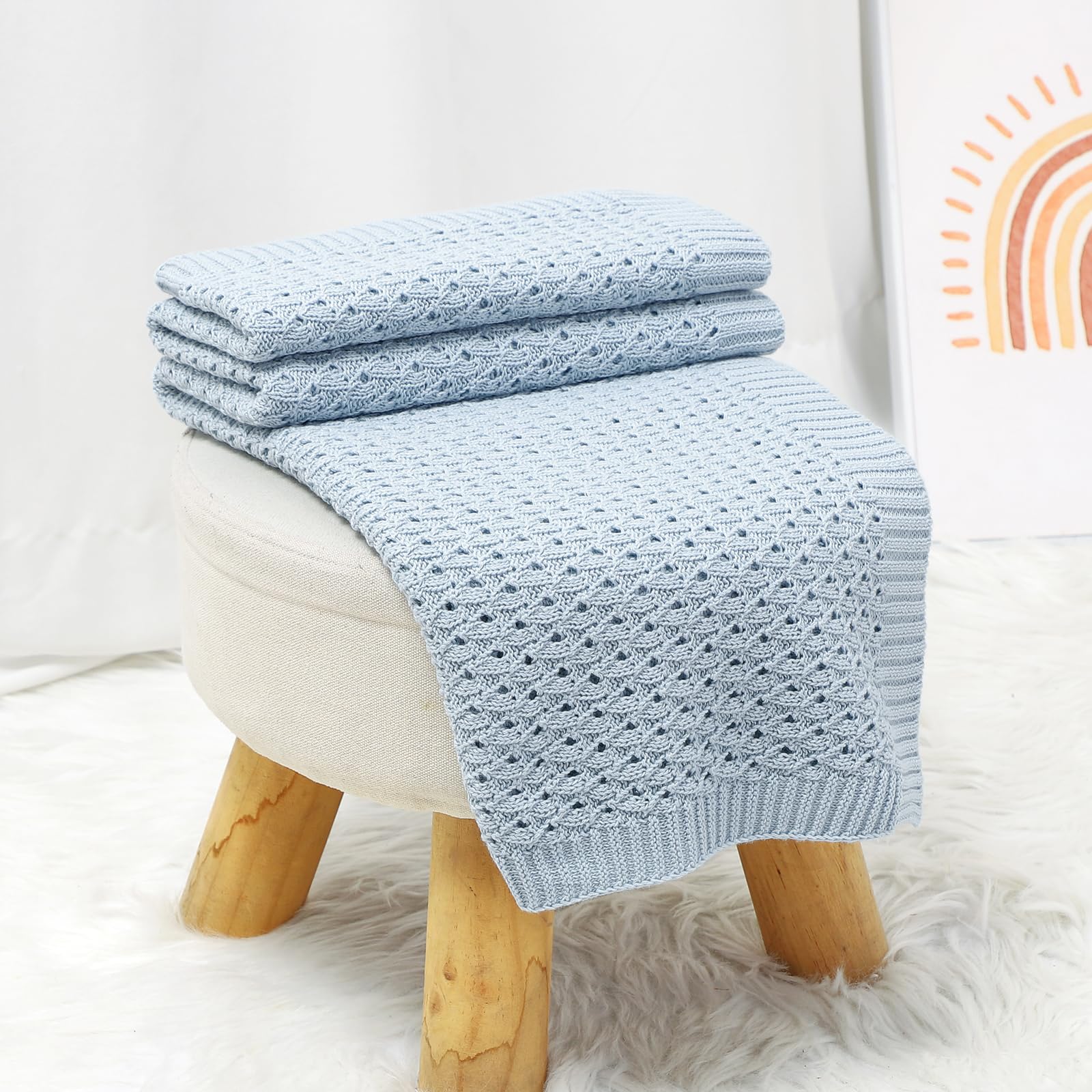 mimixiong 100% Cotton Knitted Cellular Baby Blanket for Boy Girls (Baby Blue) - Image 4