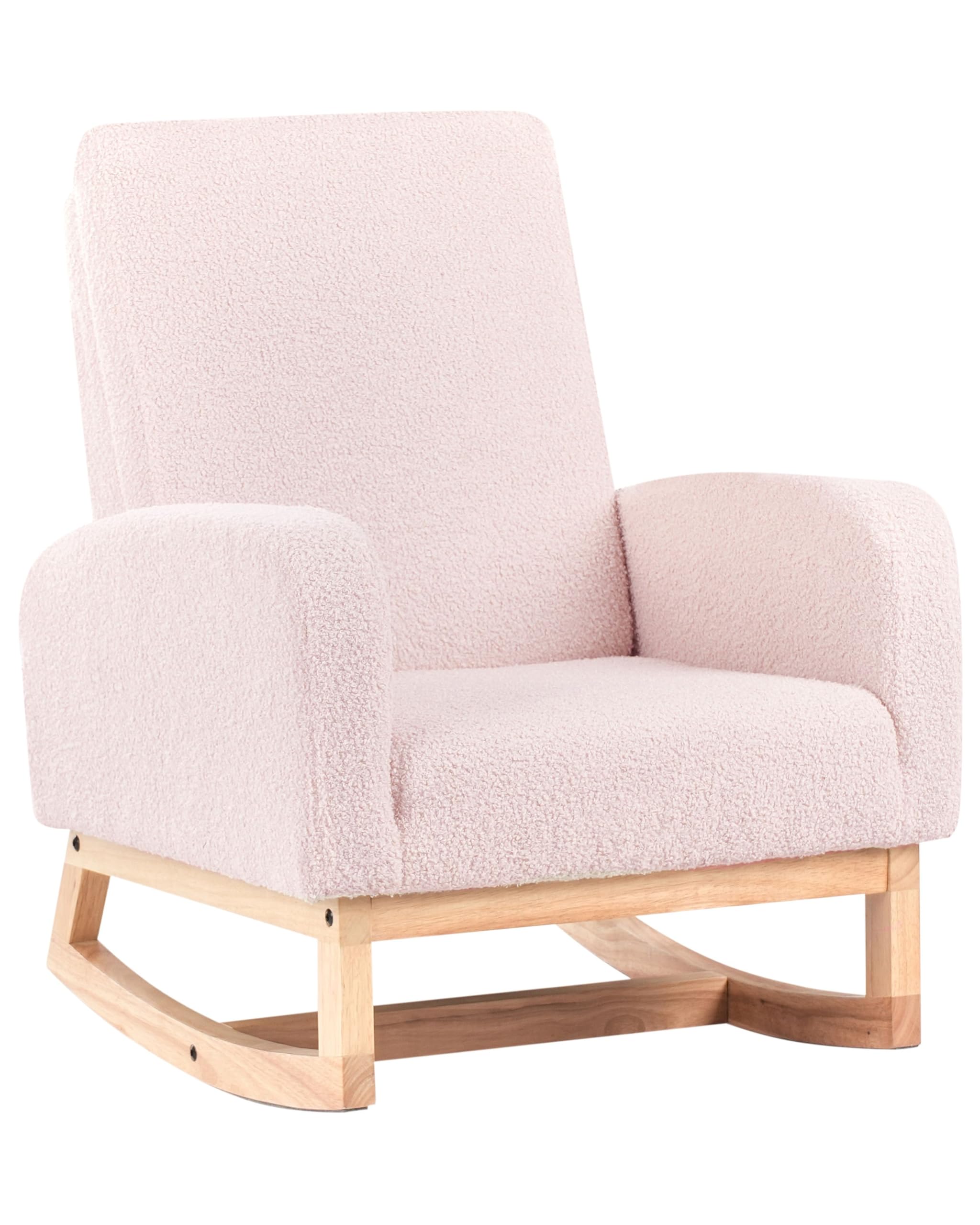 Fauteuil à Bascule pour Enfants en Bouclé Pieds en Bois Rose Pastel Norby
