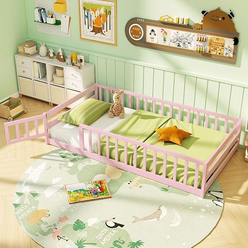 GIANTEX Twin Floor Bed with Fence for Kids, Wooden Montessori Bed Frame with Lockable Door & Guardrails, Low Floor Beds for Kids, Boys, Girls, No Box Spring Needed, Without Wood Slats, Pink