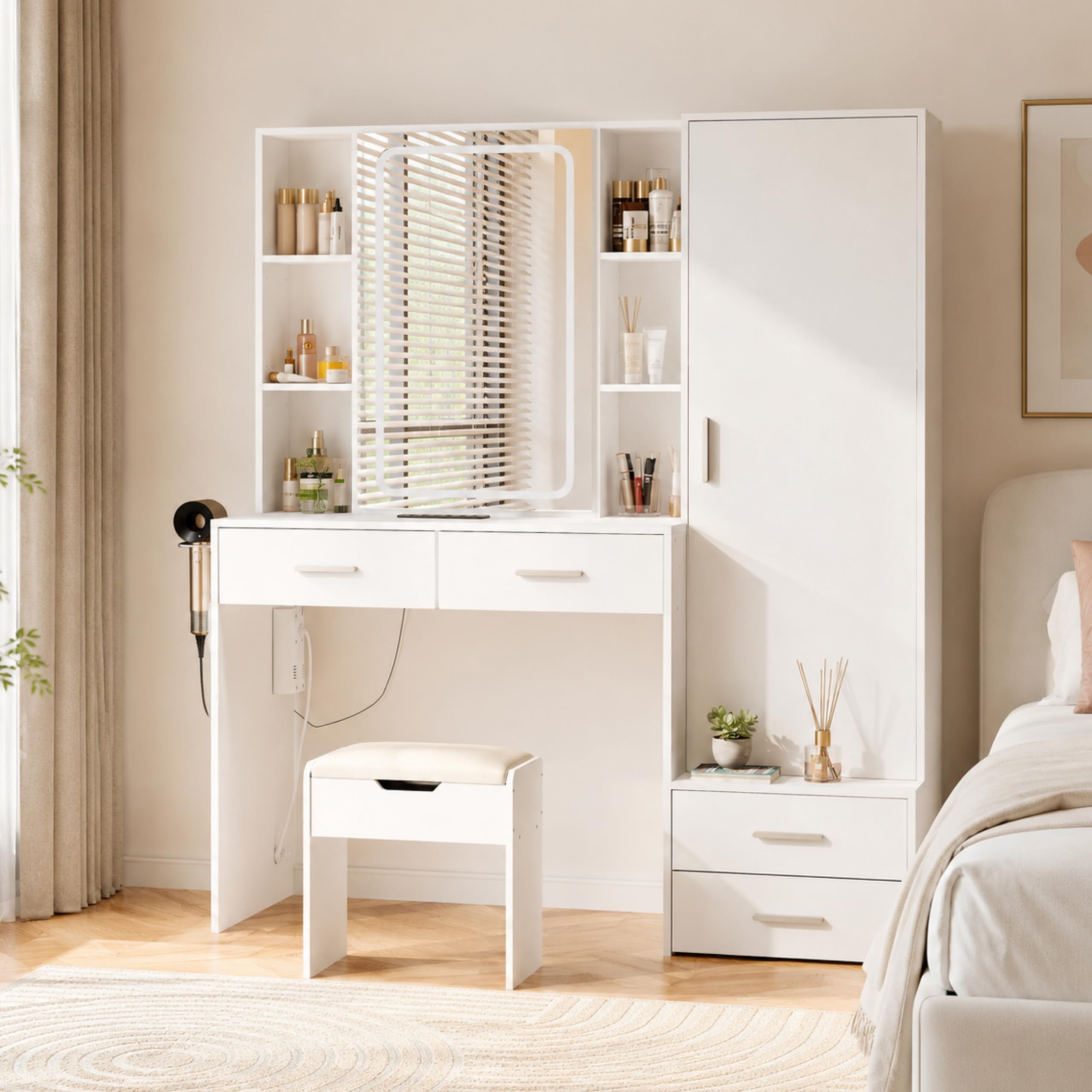 Schminktisch mit Beleuchtung, 120 cm Frisiertisch mit LED-Spiegel und Stauraumhocker, Seitenschrank, 4 Schubladen, 8 Ablagen, 2 Steckdosen + 2 USB, 3 Lichtfarben, links/rechts montierbar, Weiß