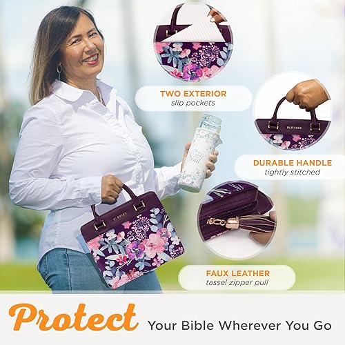 Miniatura 4 de Christian Art Gifts Funda para Biblia de moda para mujer, estilo bendito, cuero sintético floral morado, mediano