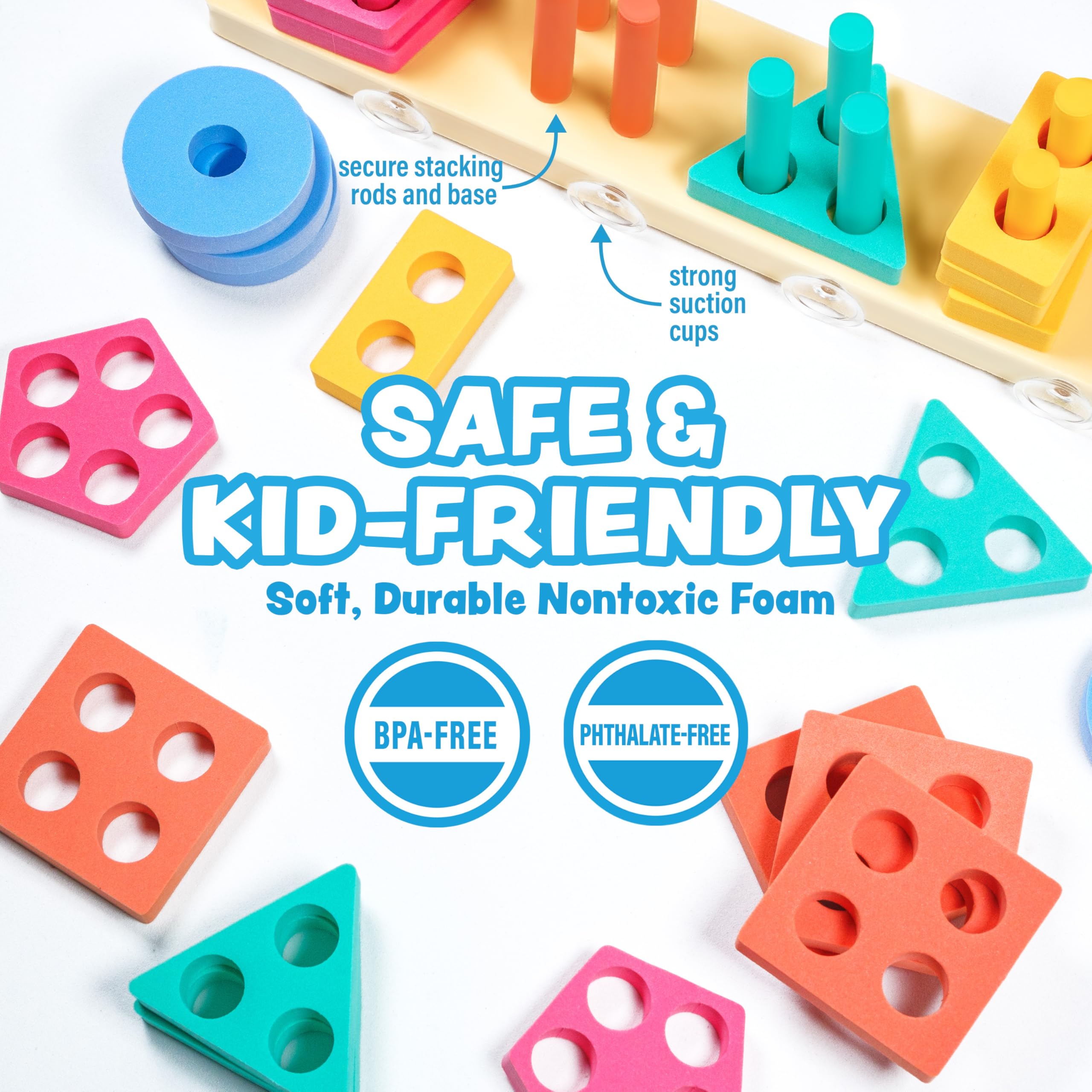 Splash, Stack & Sort - Juguete de baño para niños pequeños | 20 piezas de espuma | Clasificación de colores y apilamiento de formas Juguetes de baño para niños | Flotadores y se adhiere a 6
