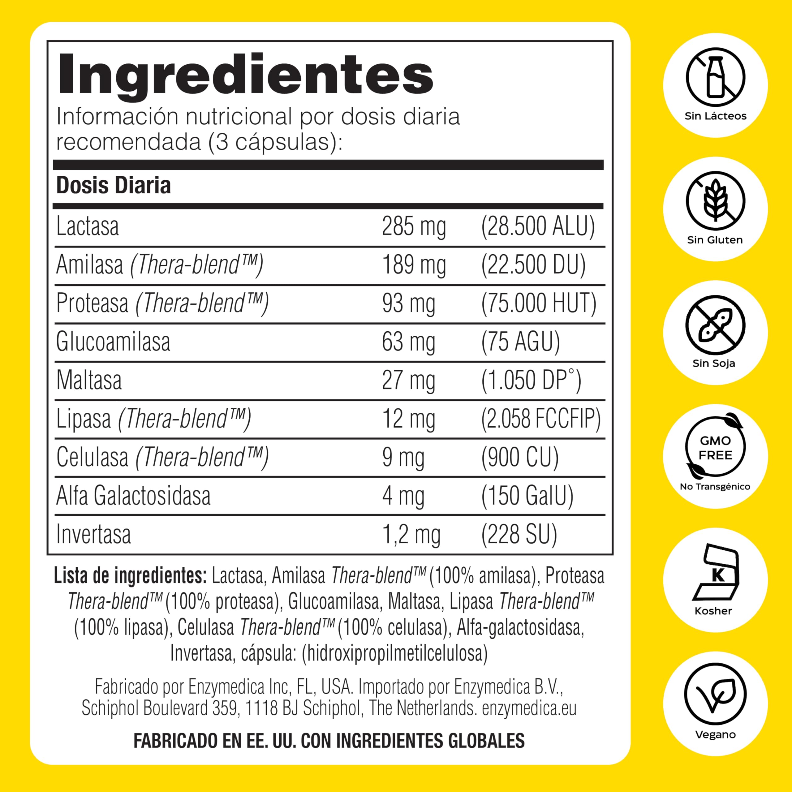 Enzymedica, Lacto, Fórmula Enzimática de Acción Rápida para la Intolerancia a Lactosa y a Caseína, contra la Contaminación Cruzada, Sin Gluten, Vegana, 90 Cápsulas