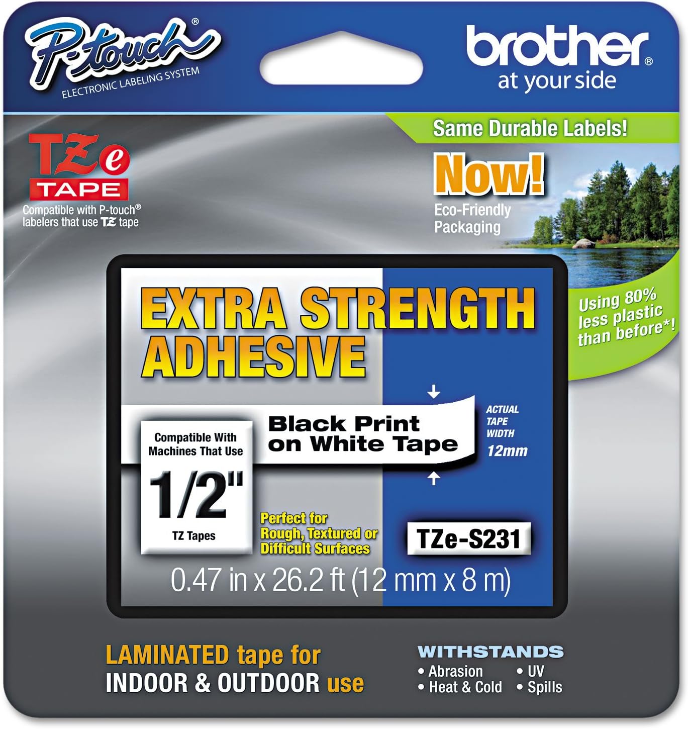 Brother TZES231 - TZE-S231 LAMINATED TAPE M 8M 8M - BLACK ON WHITE EXTRA-STRONG