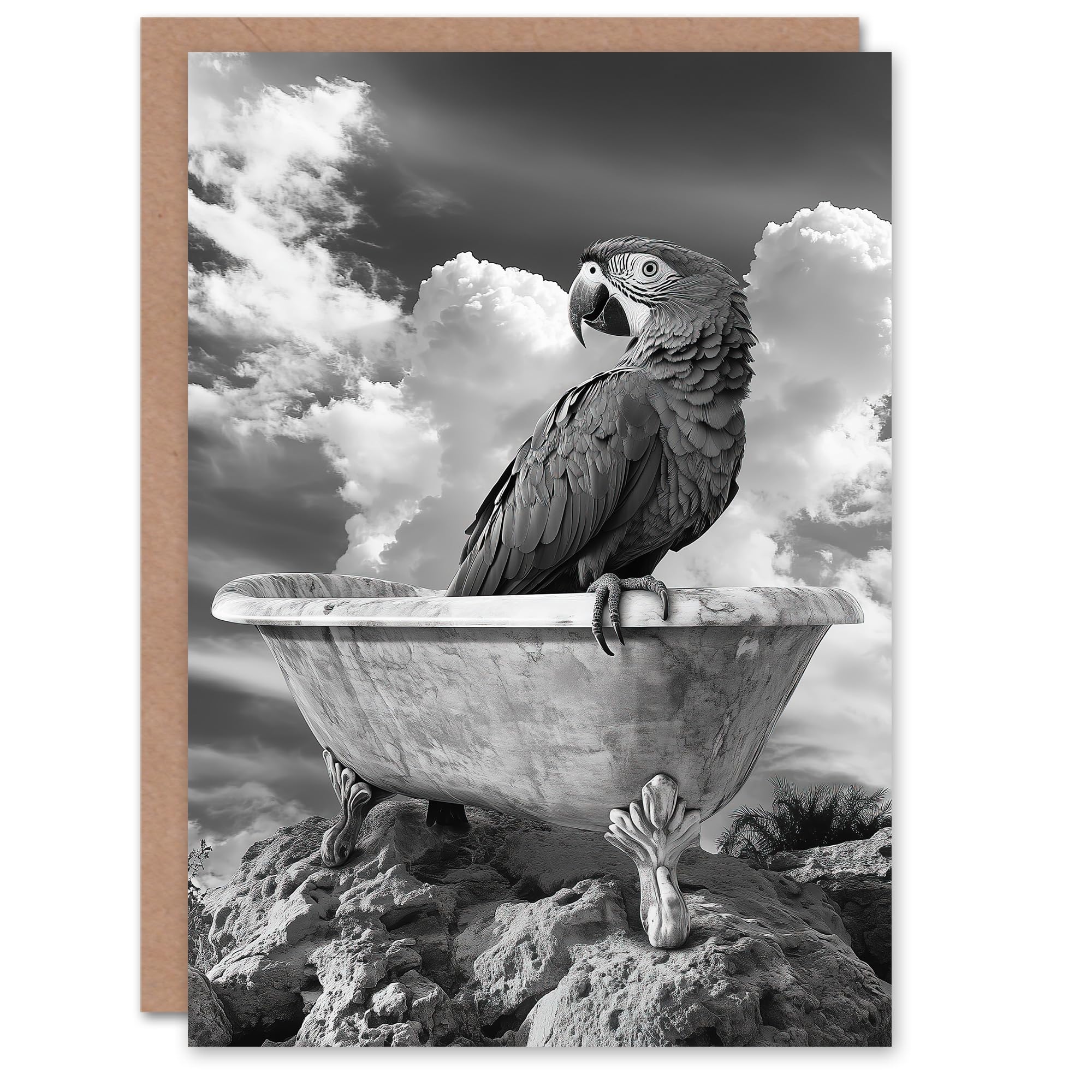 Artery8 Macaw Parrot Bird on Bathtub Greeting Card - Grey