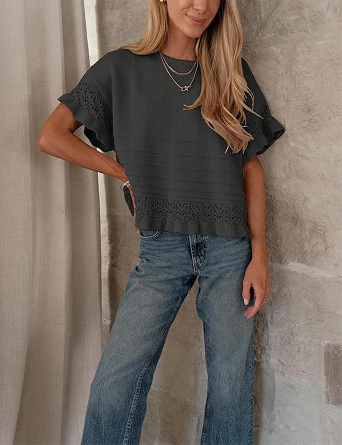  Womens Short Sleeve Sweater Round Neck Ruffled Hem Knit Crochet Pullover Summer Fall Casual Top Blouse thumbnail
