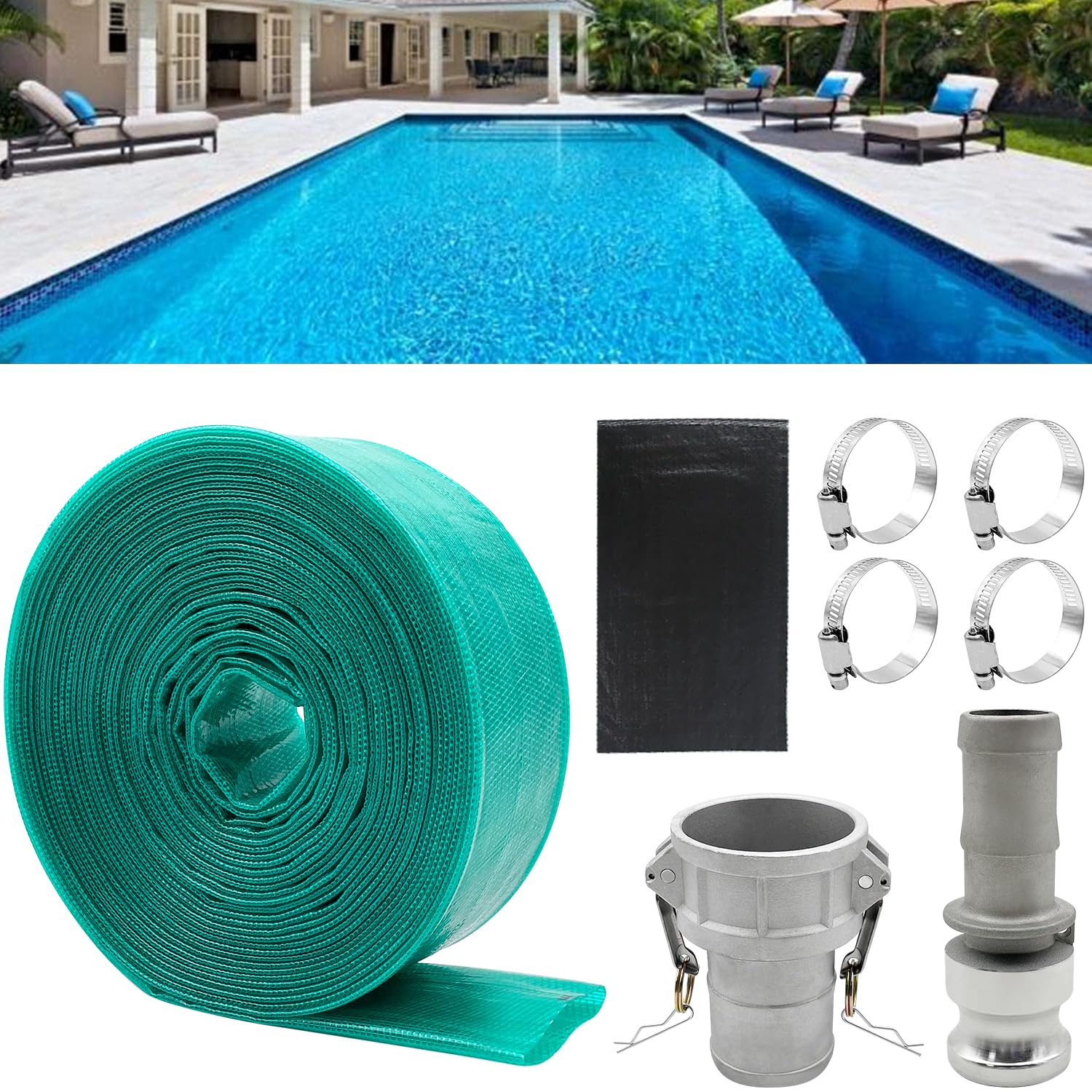 Bashik Backwash 2inch 100ft Hose for Swimming Pool with 4 pcs Hose Clamp heavy duty durable Aging resistance(with camlock fitting 2.0