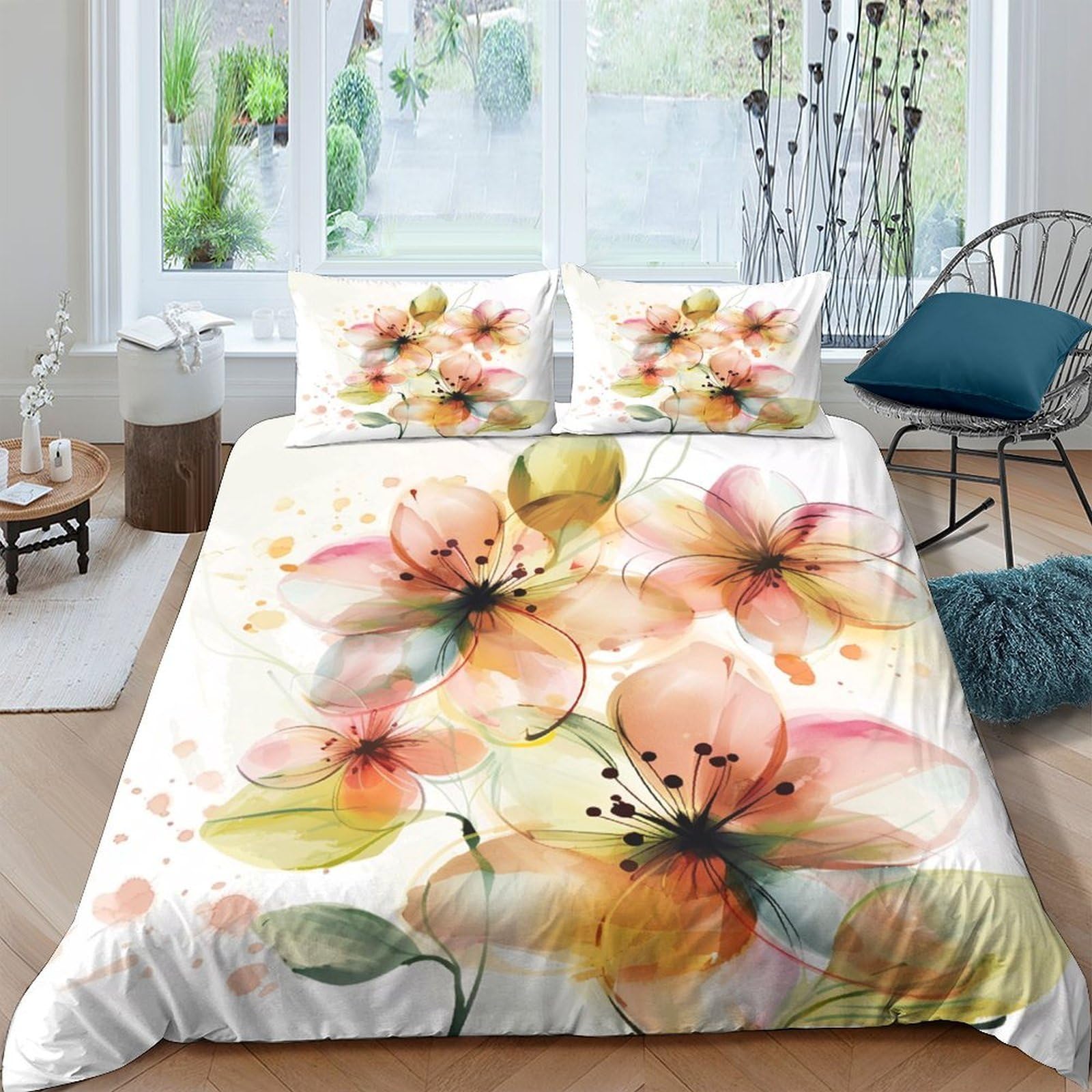 Ctjqhvkz Style-1 3D Printed Watercolor Floral Fitted Sheet Microfiber Soft Peach Blossom Bed Cover For Bedroom Guest Room Decor Single（135X200cm）
