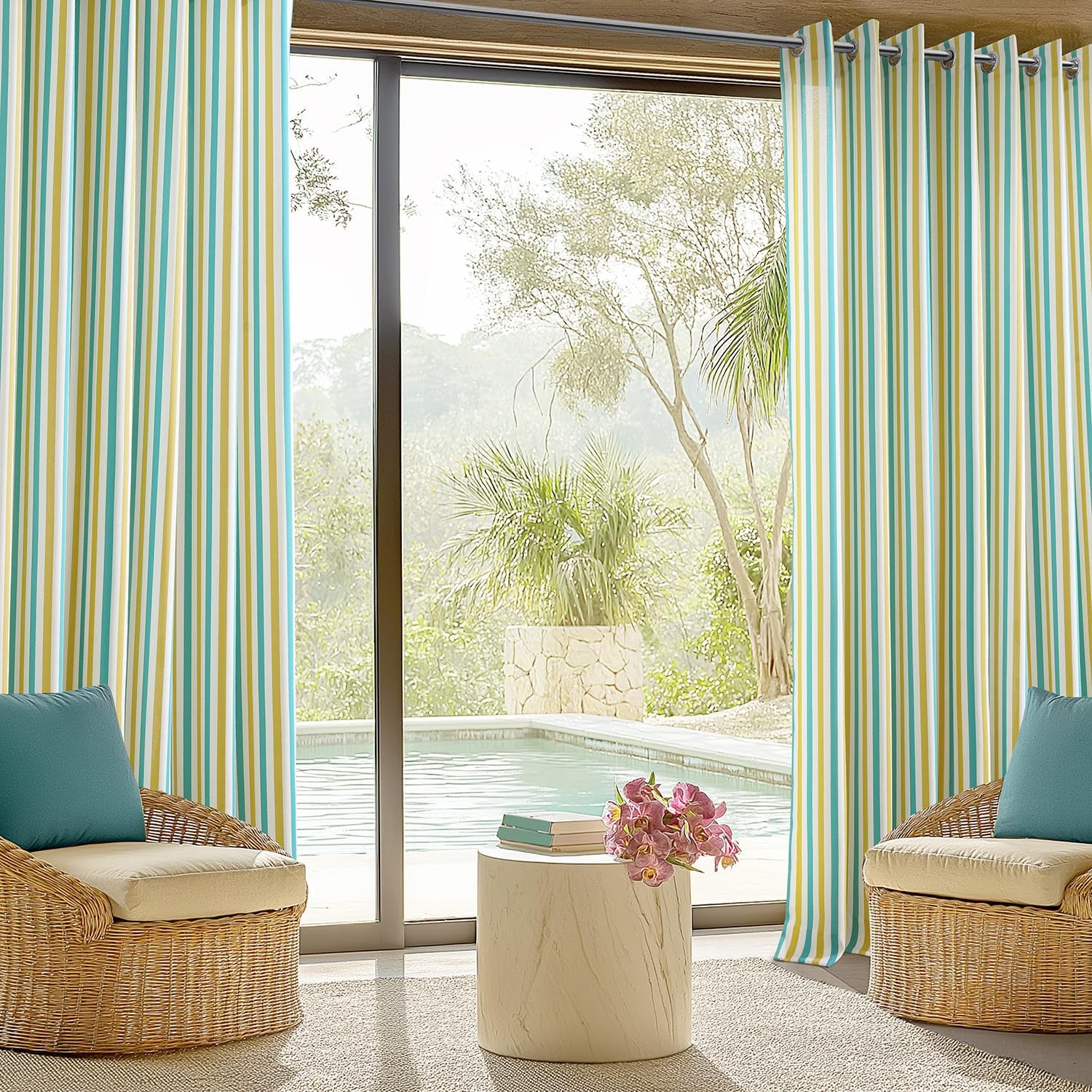HPD Half Price Drapes Villanova Striped Grommet Outdoor Curtains (1 Panel) - UV & Water Resistant Light Filtering 200 GSM Polyester Curtains - 50W x 84L, Tropical Sunrise Multi Green & Yellow Stripe