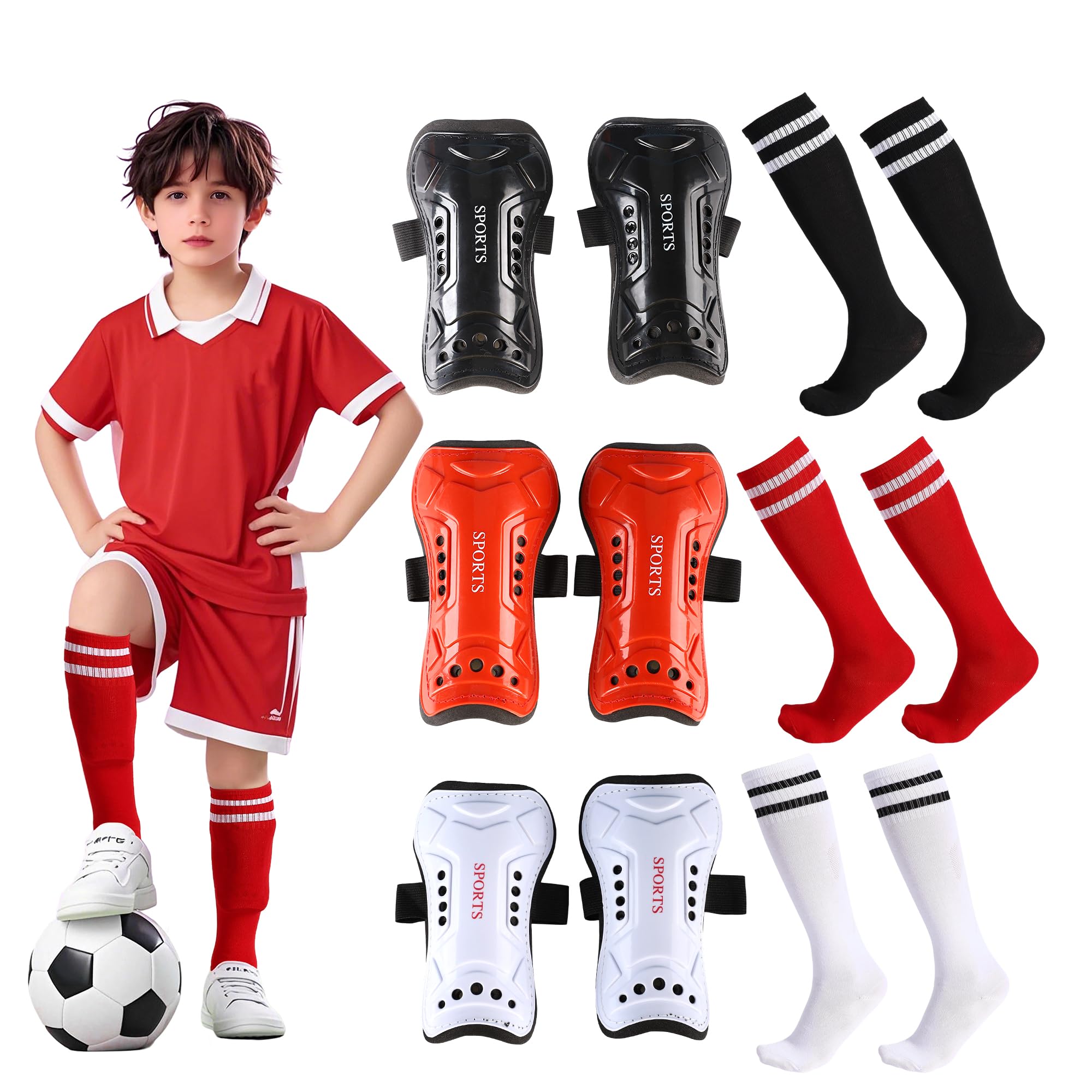 XHDMY Kids Soccer Shin Guards and Socks Youth Football Shin Protective Pads for Ages 6-8-10 Toddler Boys Girls