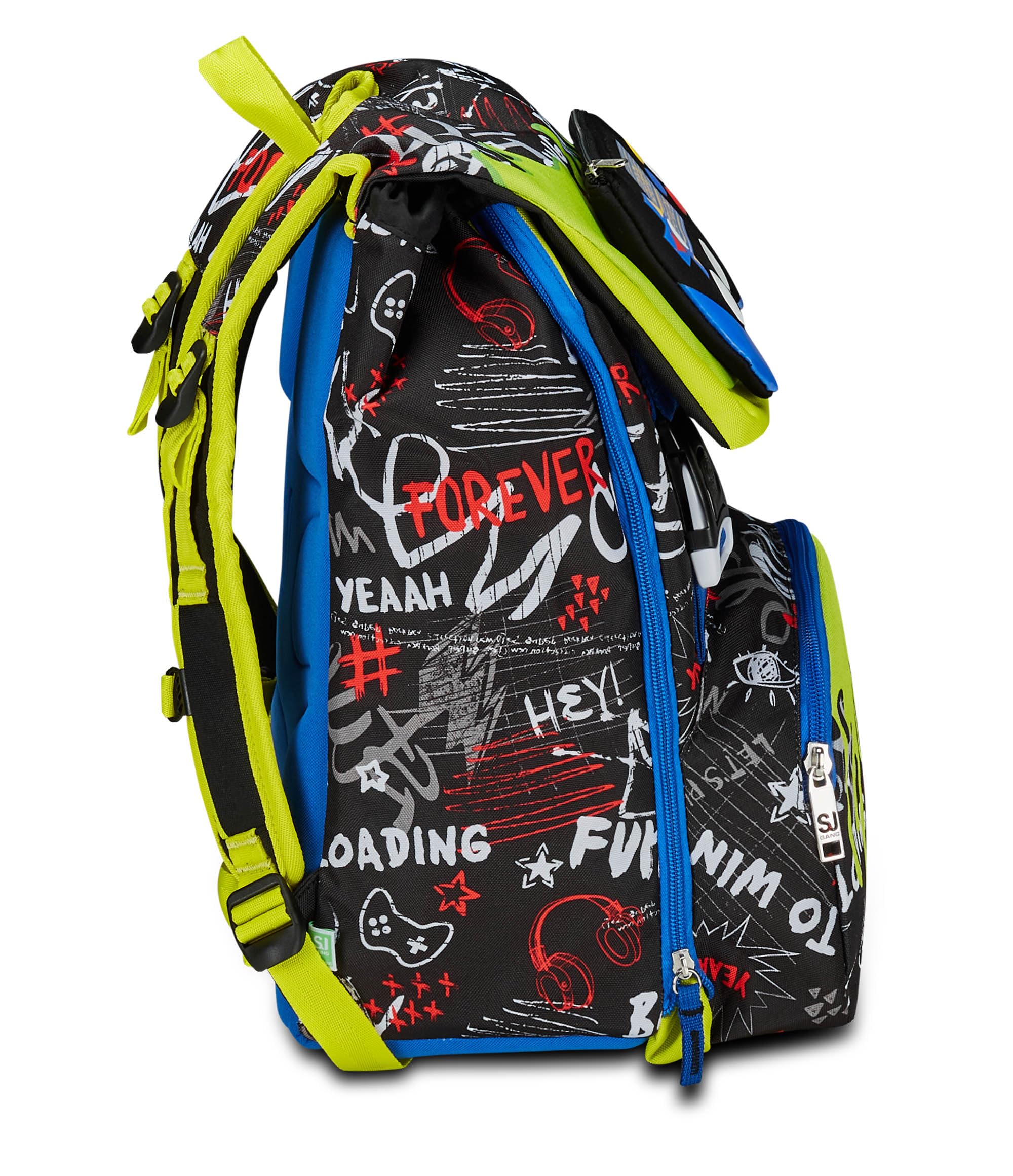 SJ GANG STYLE JAM GANG Zaino Scuola Estensibile, Nero e Verde, Born To Fun, Zaino Doppio Scomparto Estensibile Tramite Zip Laterali, Tasca Porta Borraccia, Zaino Scuola Elementare, Zaino Bambino