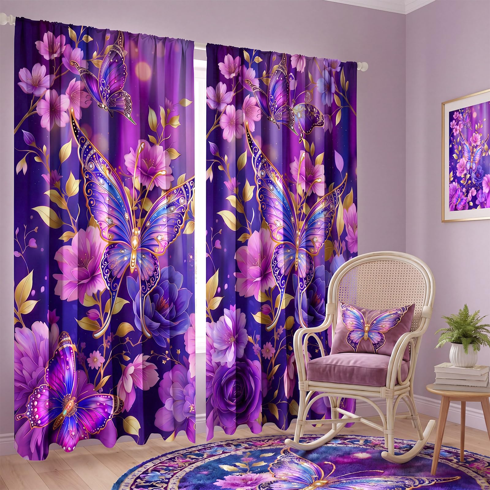 SmoothNovelty 2 Pcs Purple Butterfly Curtain for Living Room Floral Fantasy